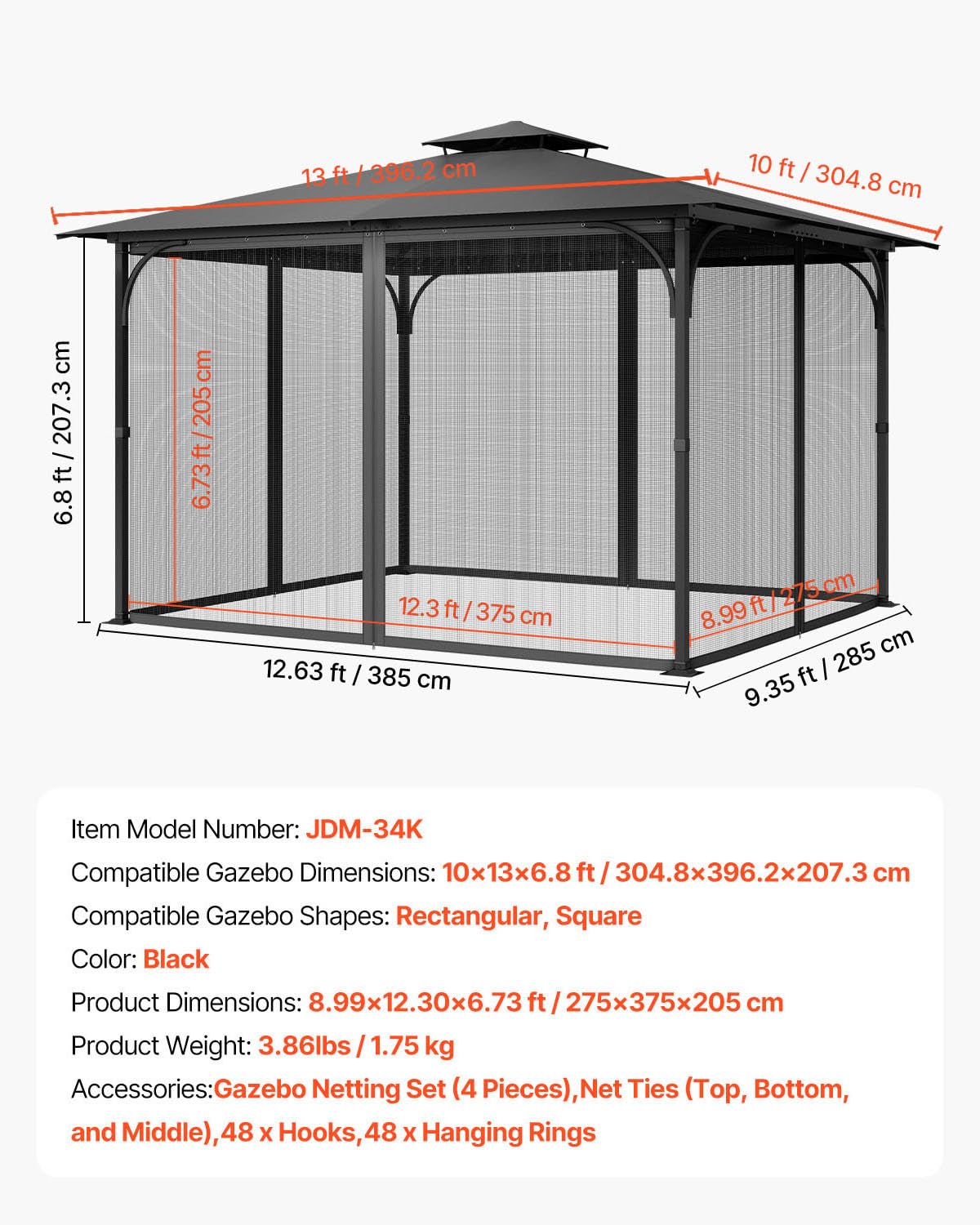 VEVOR Rete di Ricambio per Gazebo, per Gazebo 304,8 x 396,2 x 207,3 cm Rete Anti-Moscerini per Patio, Tenda per Esterni a 4 Pannelli, con Doppia Cerniera, Schermo per Baldacchino, Solo Rete, Nero