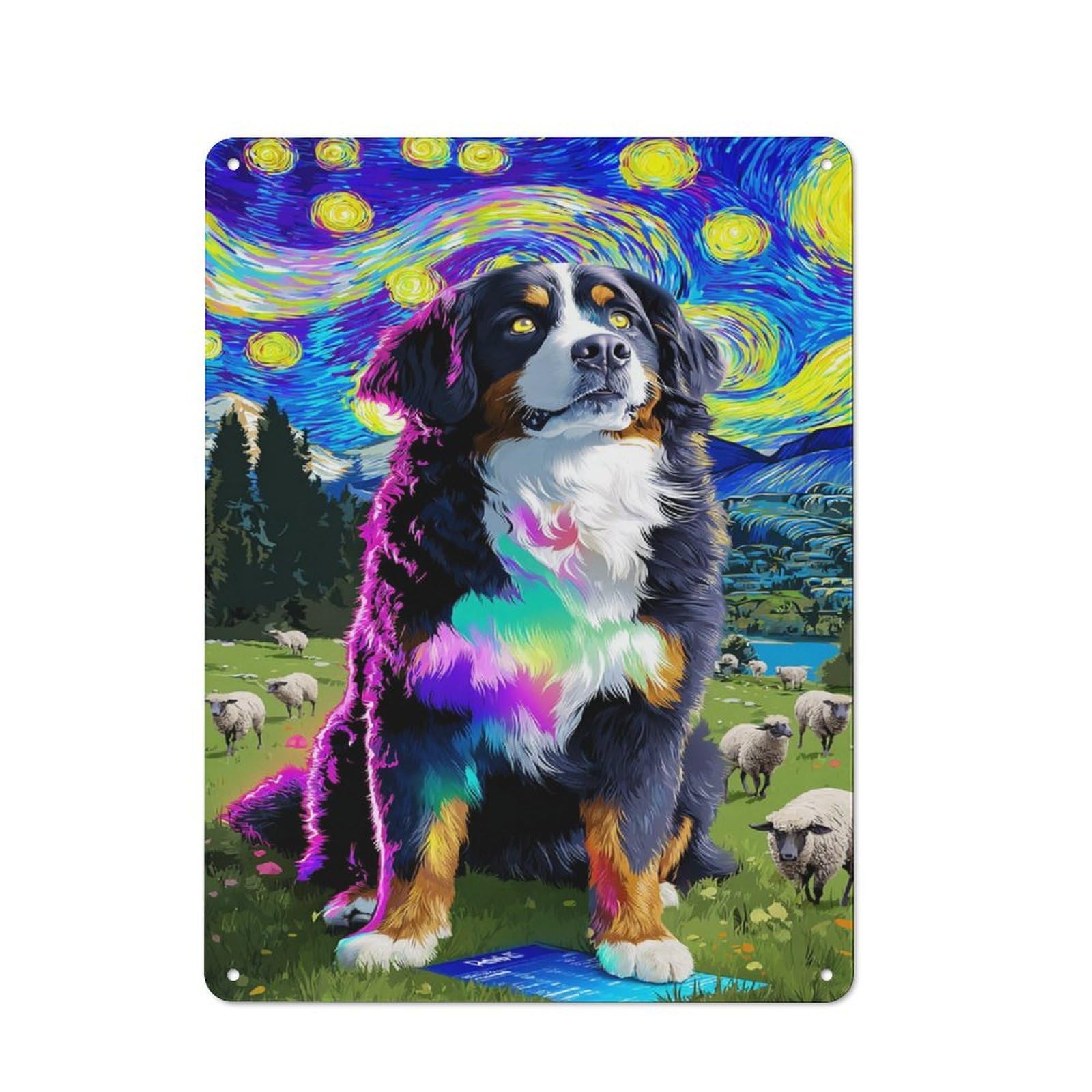 Junmoney Starry Night Dog With Sheep -2 Rustic Metal Plaque 40X30cm For Dining Room Or Kitchen, A Housewarming Gift For Dining Room Decor Fans