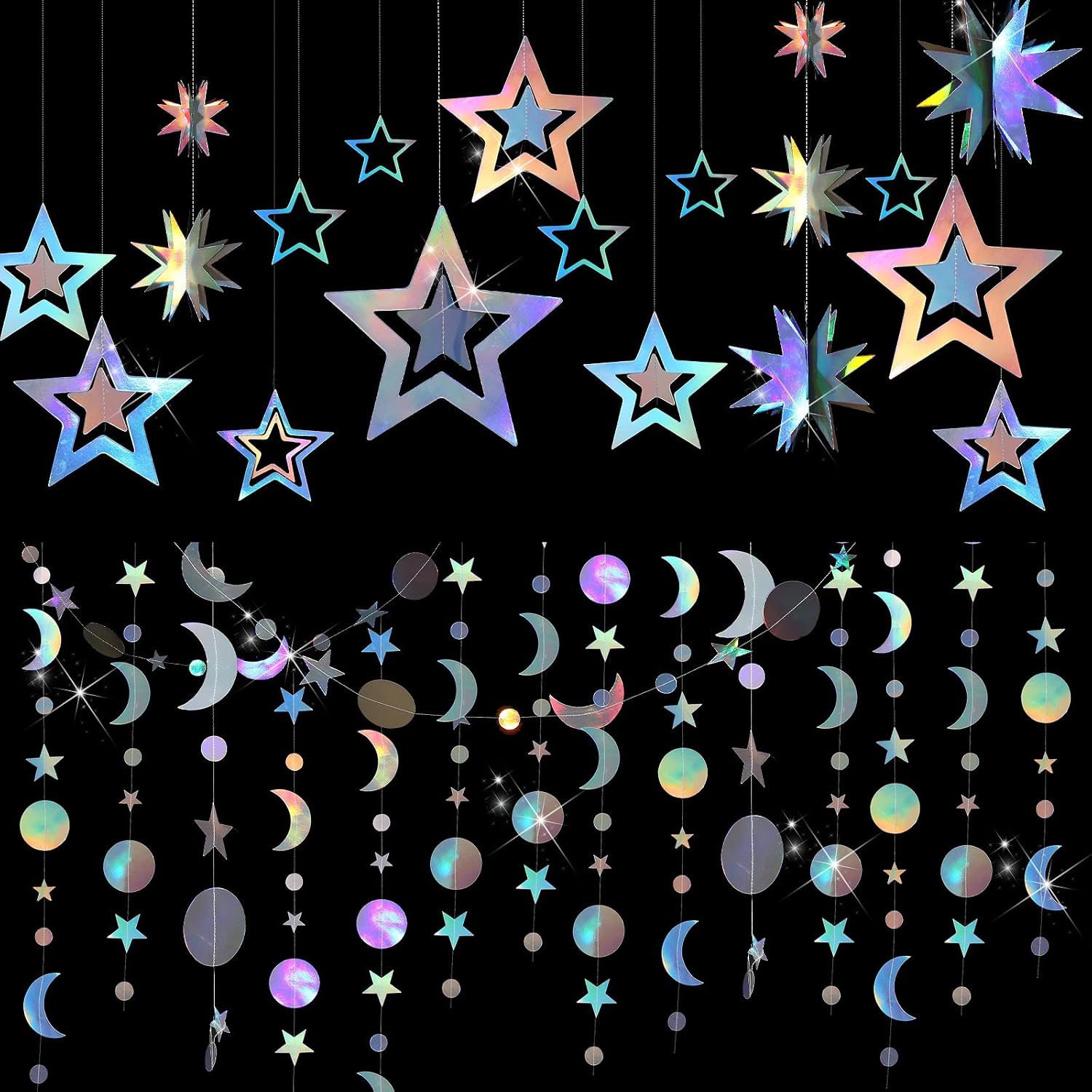 7 Pcs Iridescent Star Moon Garland Party Decorations Kit Hanging 3D Twinkle Little Star Streamer Bunting Banner Backdrop for Holiday Baby Shower Birthday Supplies