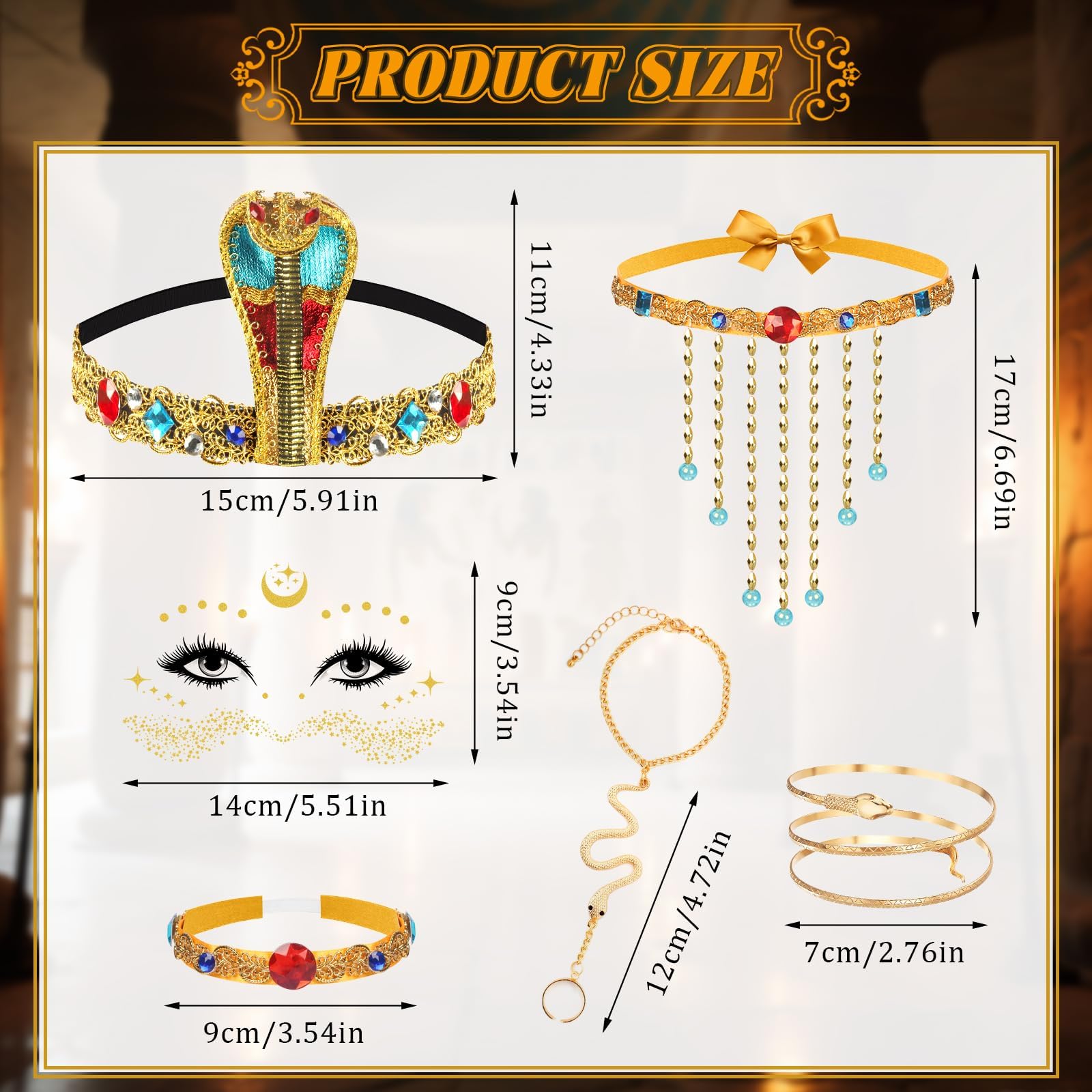 6Pcs Egyptian Costume Set for Women Cleopatra Fancy Dress Kit with Cobra Headpiece, Snake Armband, Tassel Necklace - Image 2
