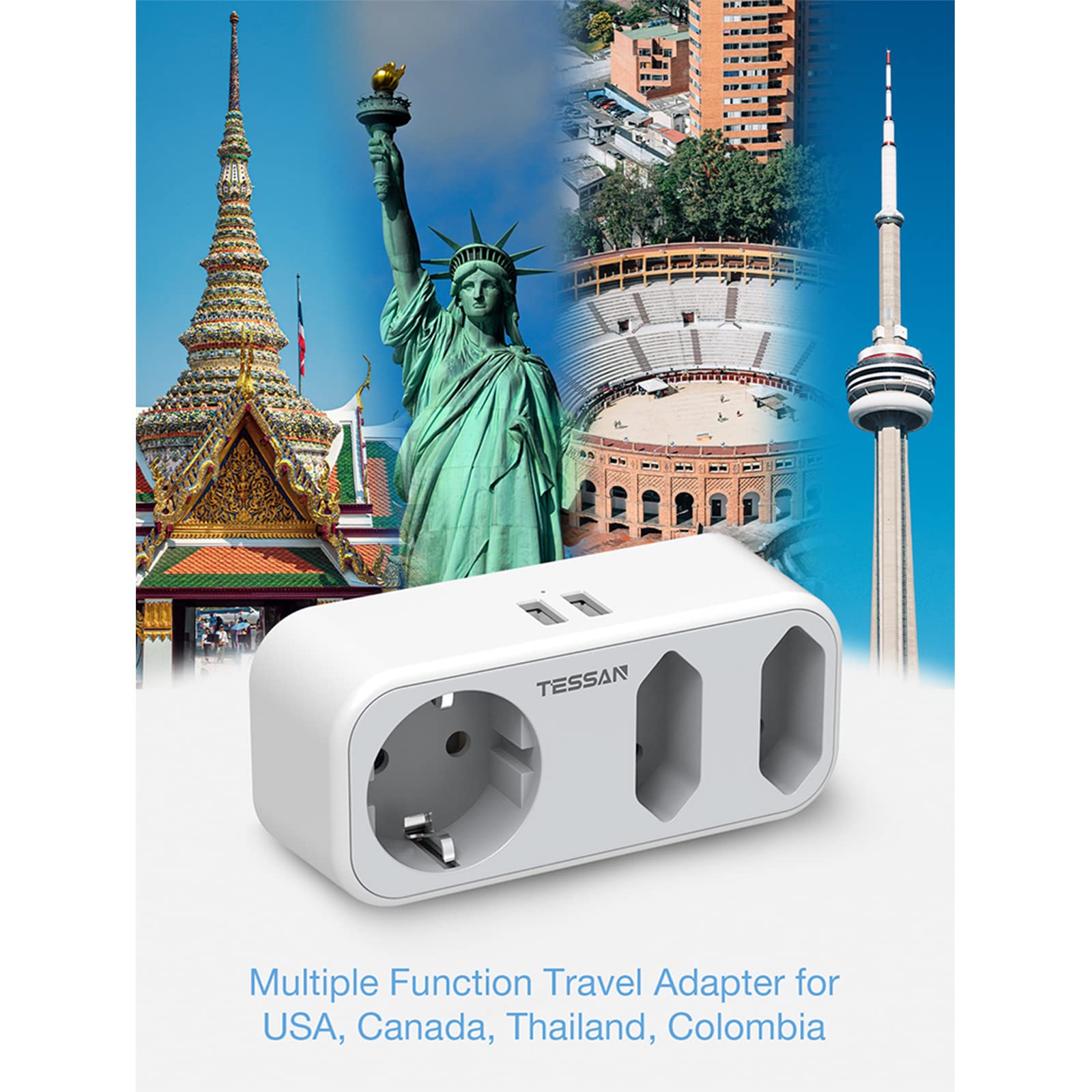 TESSAN Adattatore Presa Americana, Adattatore USA con 3 Tomas y 2 USB, Presa Americana Adattatore Italiana para USA Tailandia Canada Messico, Adattatore Spina Americana