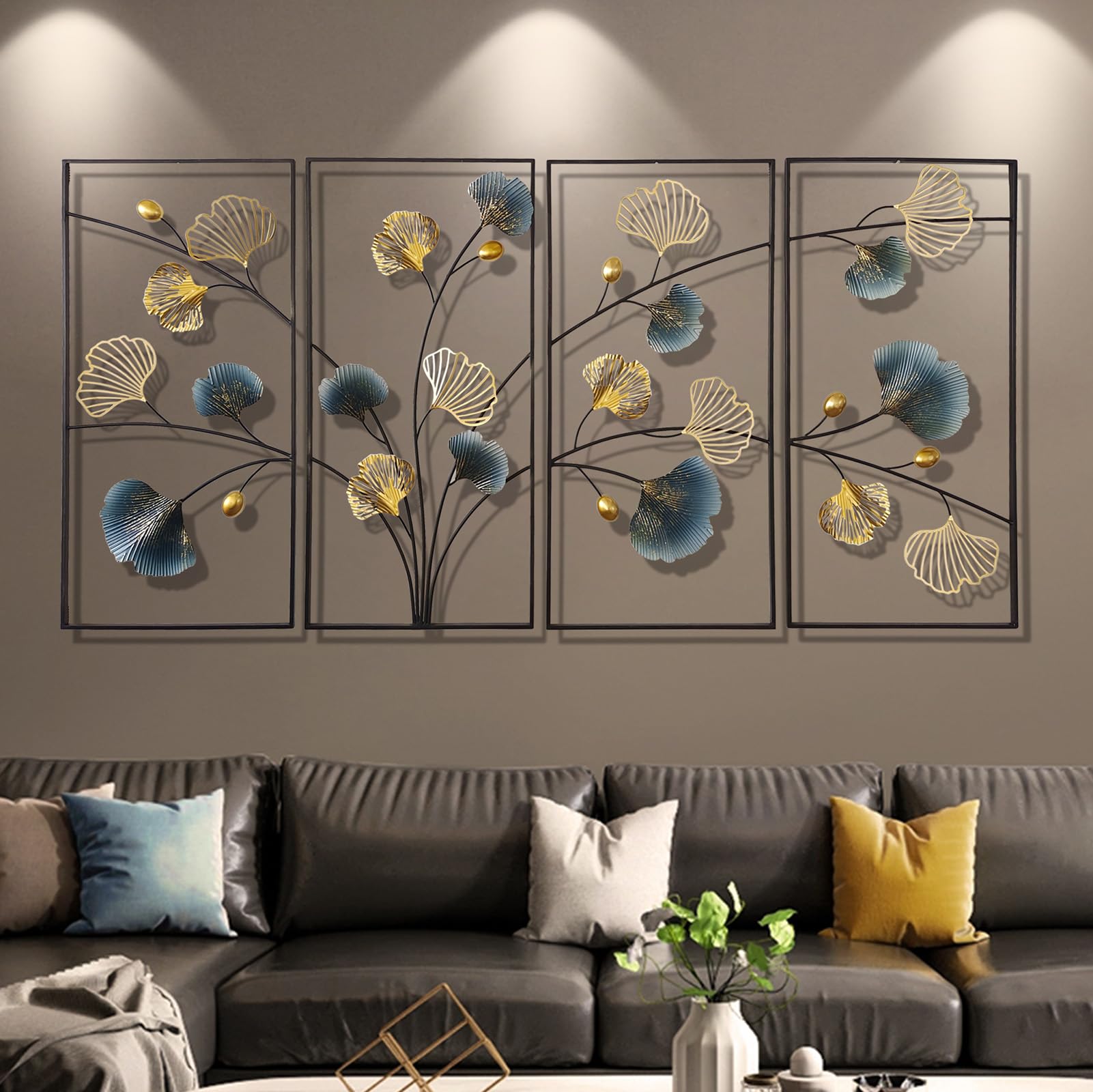 Creative 4 Panels Metal Ginkgo Leaf Wall Art Decor, Luxury 3D