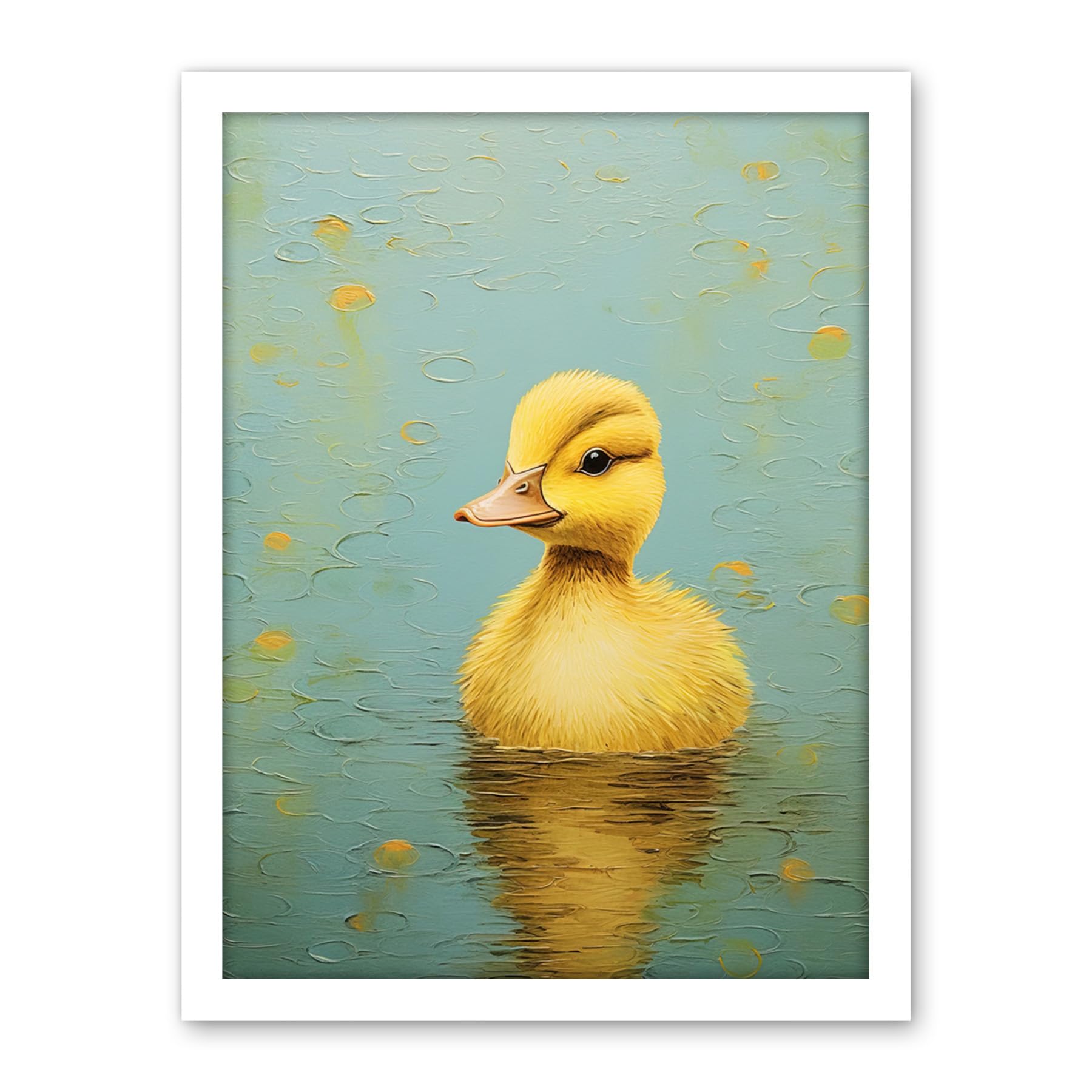 Artery8 Duckling on the Water Oil Painting Yellow and Duck Egg Blue Baby Artwork Framed Wall Art Print 18X24 Inch