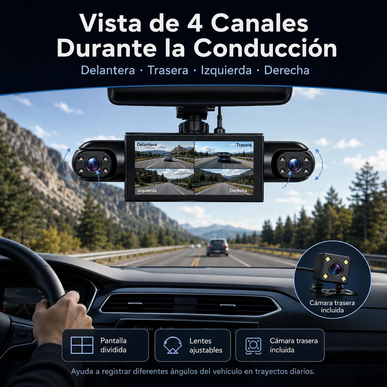 Dash CAM 4 Canales para Coche, Cámara de Salpicadero 360° FHD 1080P con WiFi y Pantalla 3,16", Visión Nocturna IR, Grabación en Bucle, Sensor G, Modo Parking, Tarjeta SD 32GB