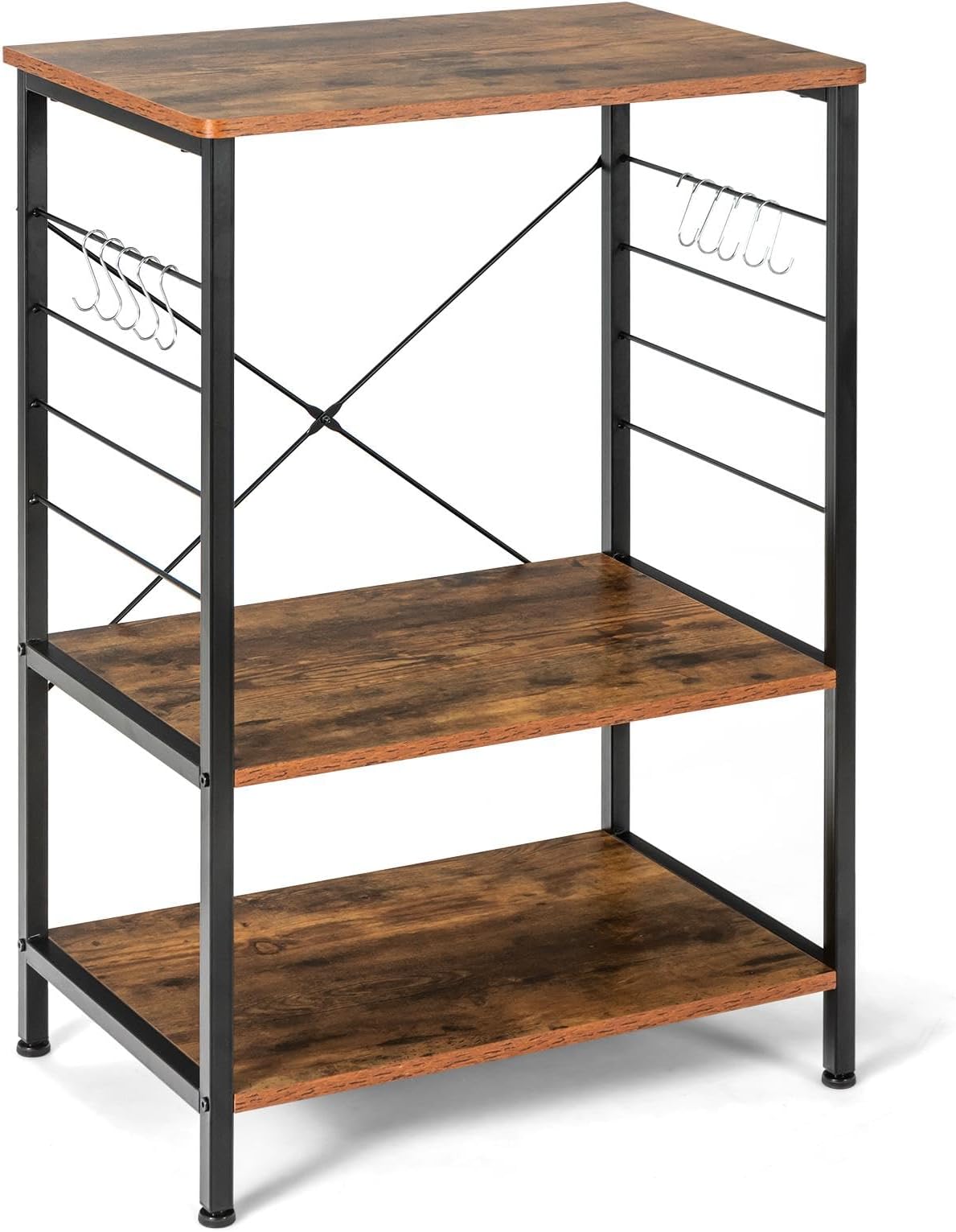 GiantexUK 3-Tier Kitchen Baker’s Rack, Freestanding Microwave Oven Stand with 10 Metal Hooks & Adjustable Foot Pads, Industrial Metal Frame Storage Cart Shelf for Dining Room Office