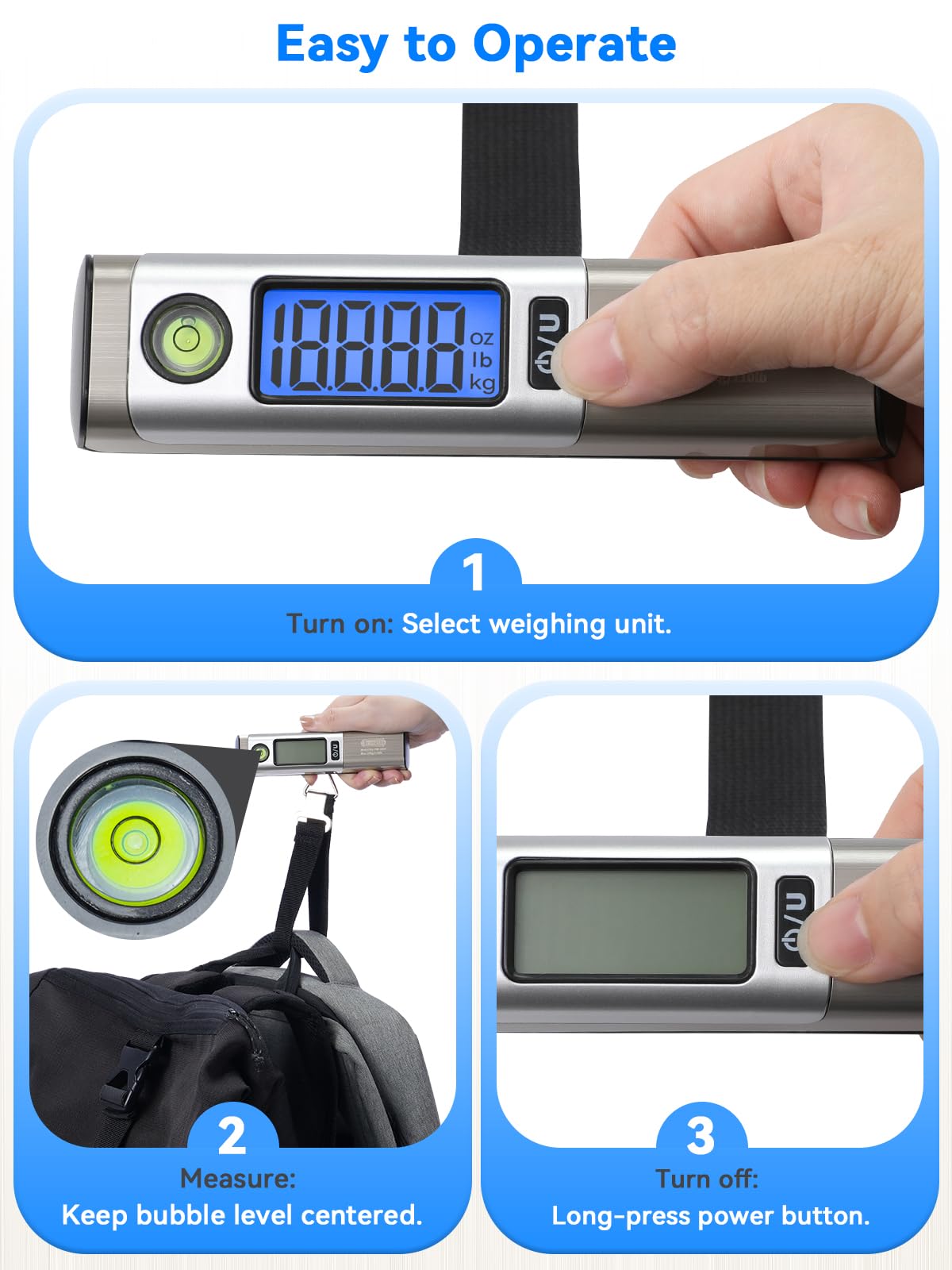 Dr.meter Waga podróżna z taśmą mierniczą, praktyczna cyfrowa waga bagażowa z hakiem (50 kg/110 lb) z wyświetlaczem LCD i ramieniem przeciążeniowym. Zintegrowana taśma miernicza do podróży wraz z