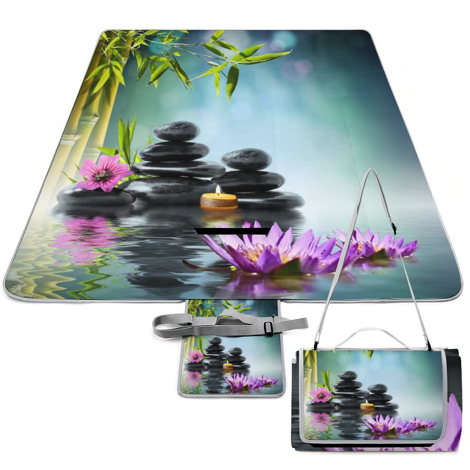 Zen Japanese Style Beach Picnic Blanket Landscape Spa Green Bamboo Black Stone Purple Flower for The Beach Camping on Grass Waterproof Sandproof 58.3x58.3 Inch