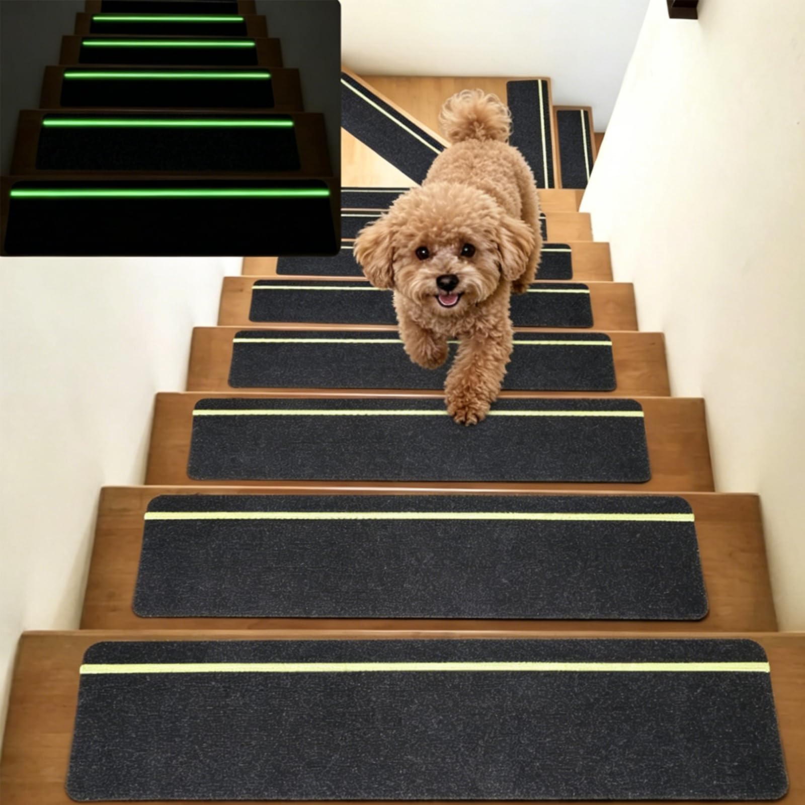 15 Stück Treppenmatten mit Glow in Dark Streifen, Treppenstufen Matten, 76 x 20 Treppenmatten Selbstklebend für Holztreppen, 100% Polyester TPE Rückseite Treppenteppich für Ältere, Haustiere (Schwarz)