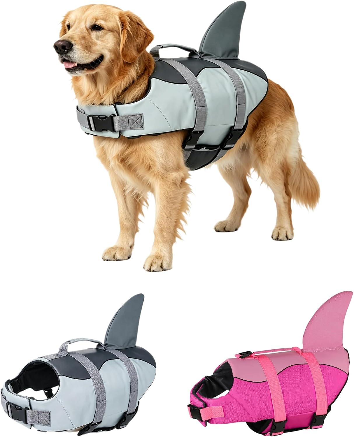 High Flotation Dog Life Jacket, Shark Design | Dog Life Vest for Swimming Boating with Rescue Handle & Reflective Strips, for Small Medium Large Dogs Puppy
