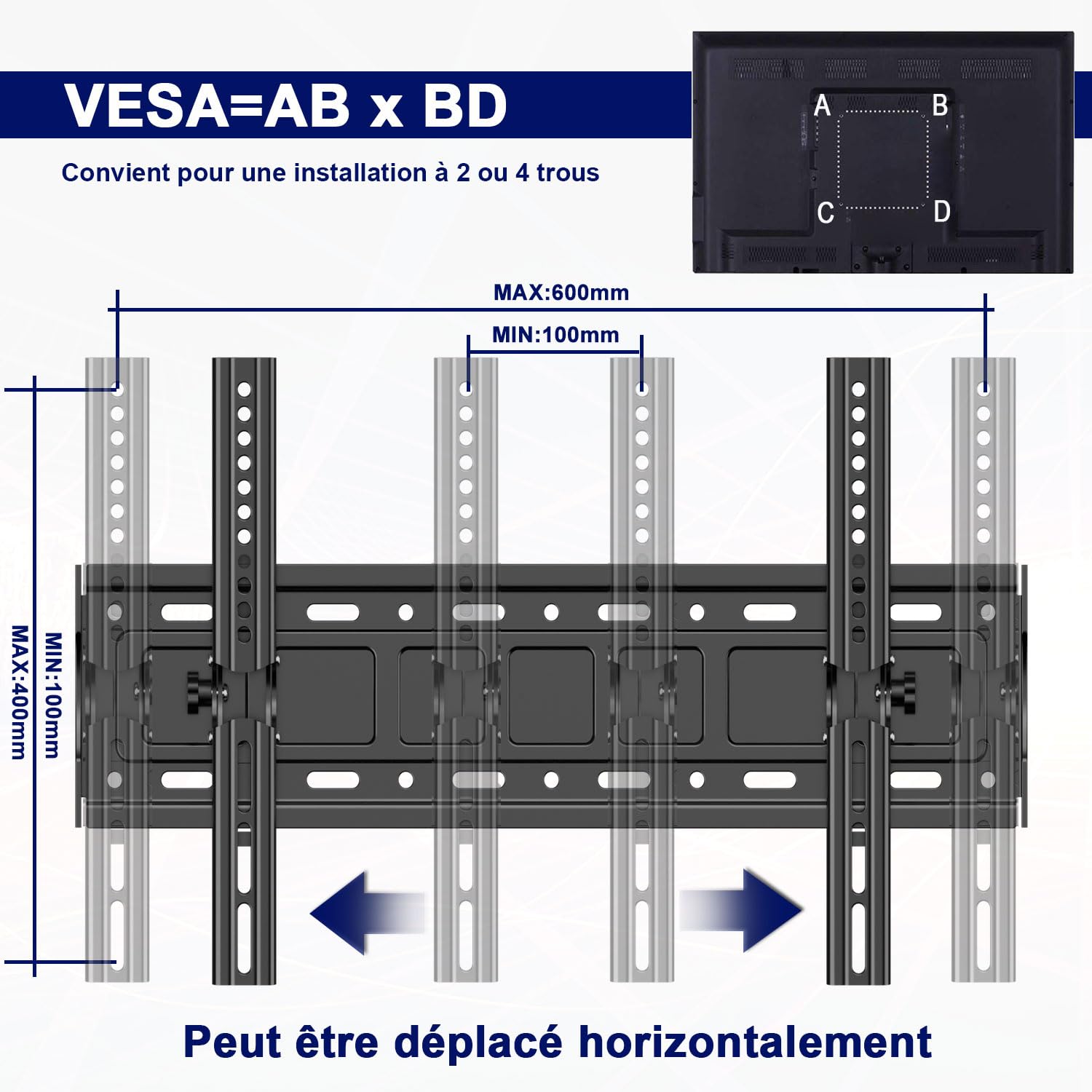 Support Mural TV pour téléviseurs de 32 à 75 Pouces, réglage de l'inclinaison vers Le Haut et vers Le Bas, VESA Max 600x400 mm Charge 70 kg, 40 43 50 55 60 65 Pouces Rack Mural pour TV
