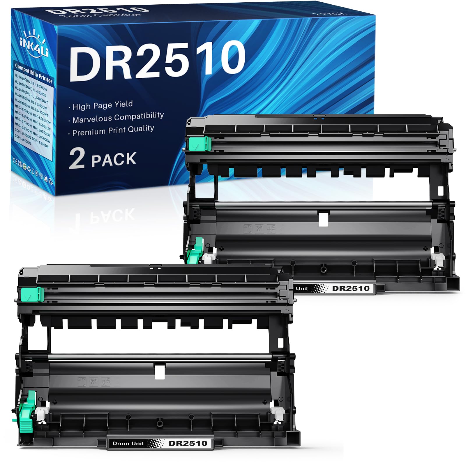 INK4U DR2510 Tambour (2 Pièce, Total 30,000 Pages) Compatible pour Brother DR-2510 Tambour pour DCP-L2627DW HL-L2400DWE DCP-L2620DW MFC-L2860DW DCP-L2665DW DCP-L2660DW MFC-L2860DWE DCP-L260DWE