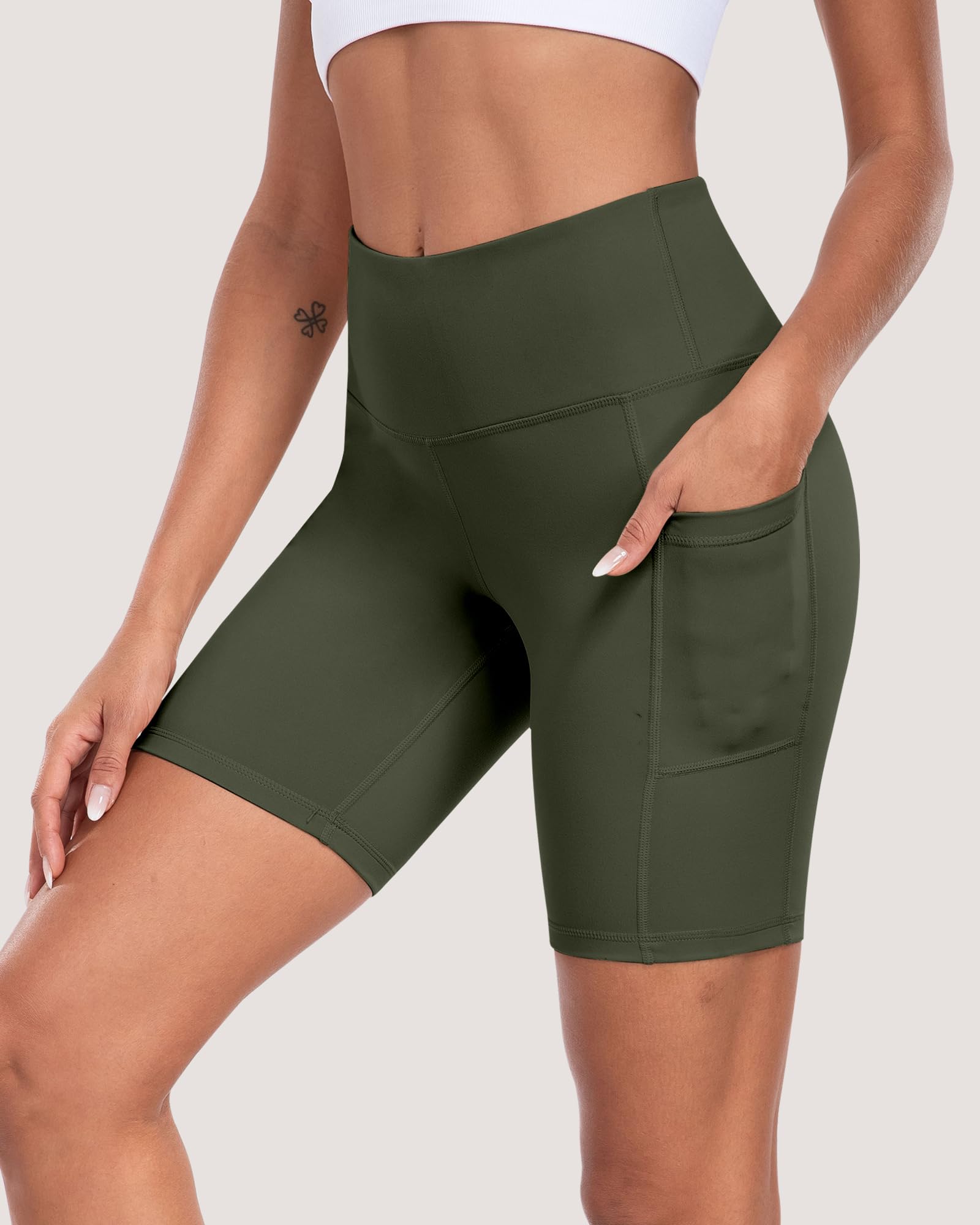 Pantalones cortos de ciclista para mujer con bolsillos, cintura alta de 8 pulgadas, control de abdomen, suaves, atléticos, entrenamiento, gimnasio, yoga