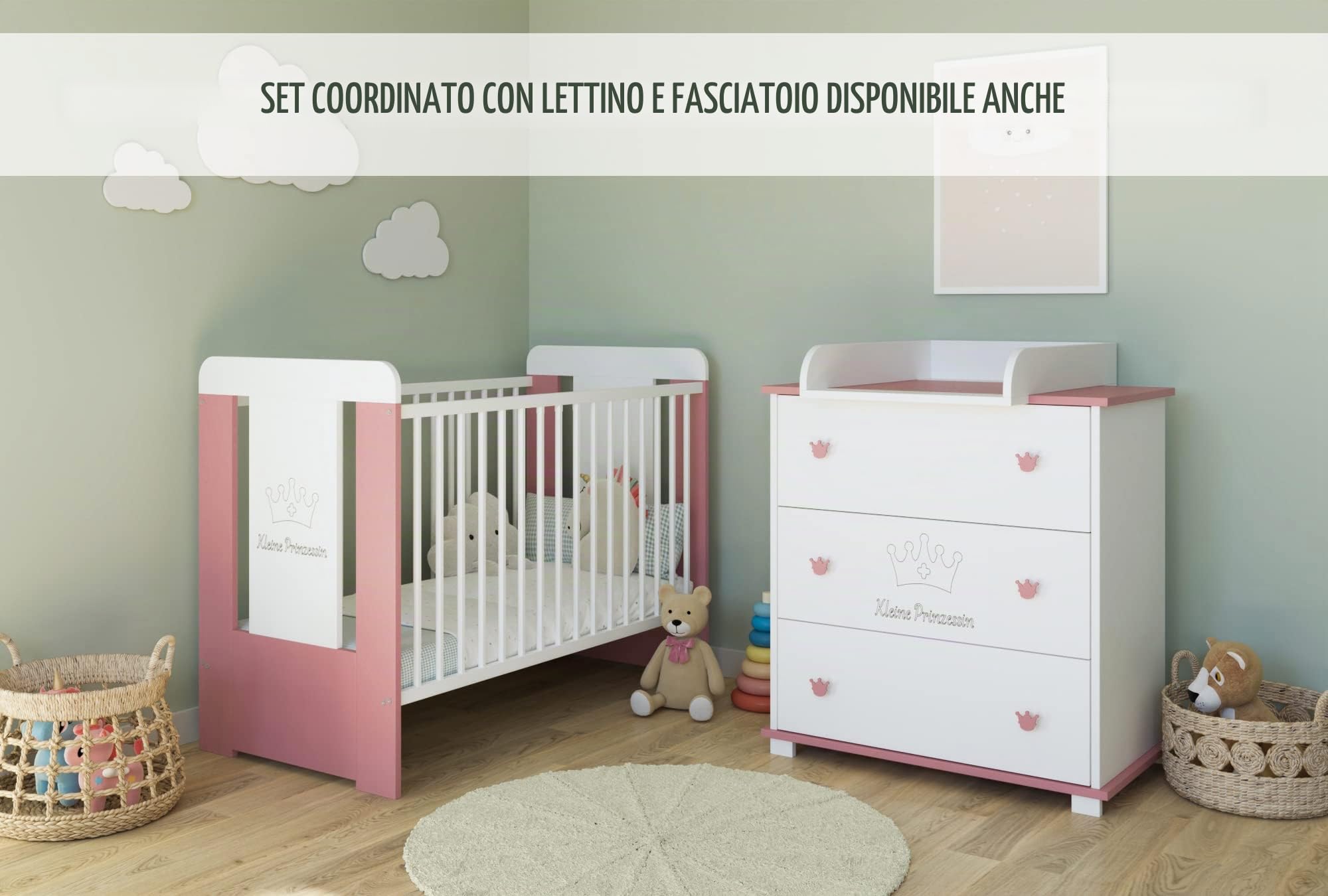 Kids Collective Cassettiera fasciatoio fasciatoio con attacco per fasciatoio con 3 cassetti e incisione Little Princess in bianco rosa ragazze Made in Europe
