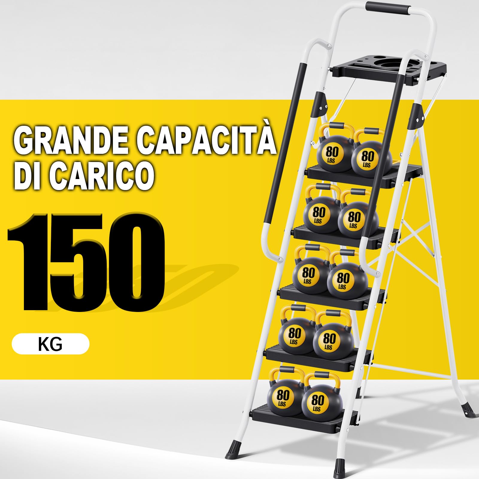KINGRACK Scaletta 5 Gradini, Scala Pieghevole Portata 150 kg, con Blocco di Sicurezza, Vaschetta Portaoggetti, Ampio Pedale Antiscivolo, Corrimano, Scala Domestica per Casa Giardino Pittura, Bianco