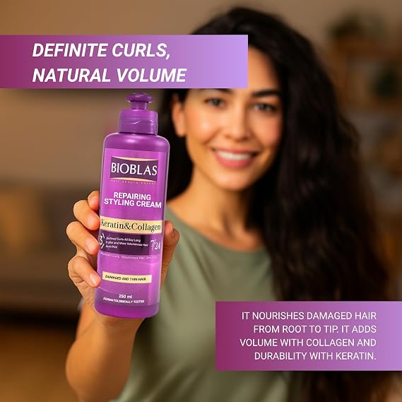 Bioblas Şekillendirici Saç Bakım Kremi – Keratin & Kolajen, belirgin bukleler için, görünür hacim ve yoğun bakım – 250 ml