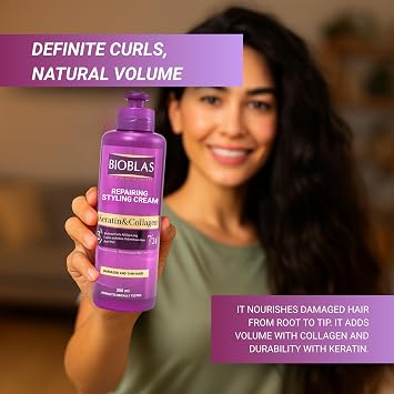 Bioblas Şekillendirici Saç Bakım Kremi – Keratin & Kolajen, belirgin bukleler için, görünür hacim ve yoğun bakım – 250 ml