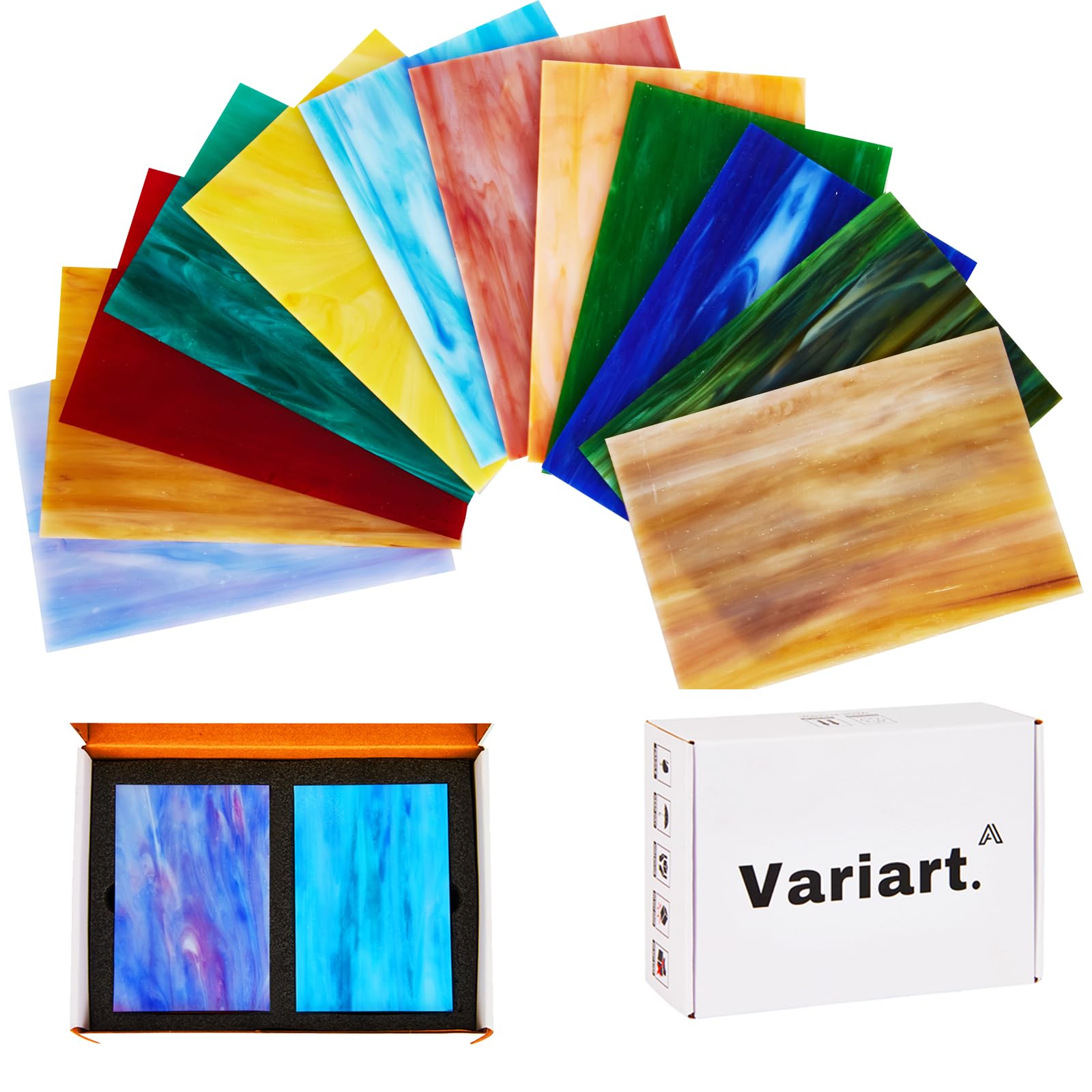 VARIART 12-Sheet Stained Glass Pack | 4x6 Inch Assorted Cathedral Art Glass for Mosaic & DIY Crafts