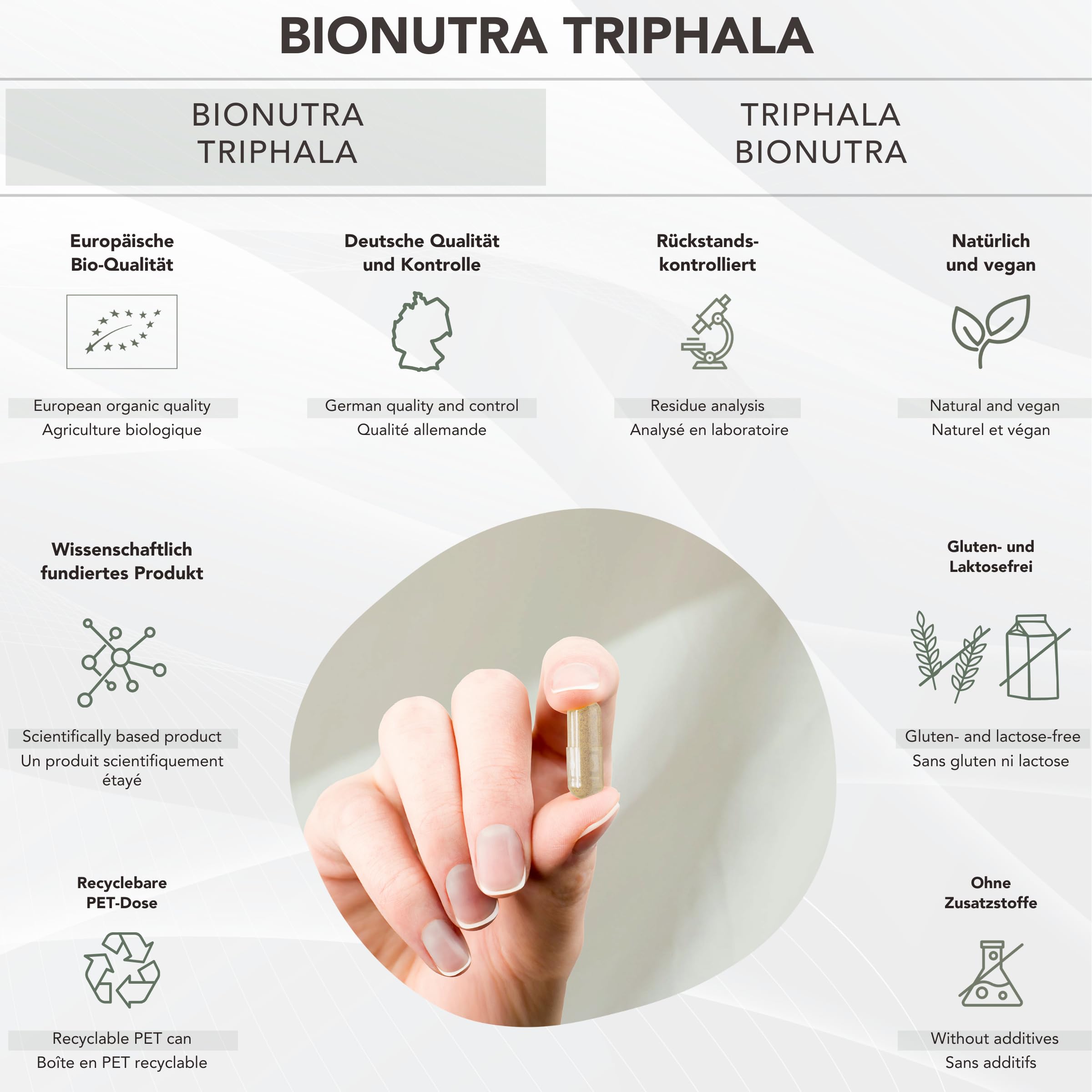 BIONUTRA® Capsule Triphala bio alto dosaggio, 1200 mg/giorno, controllo residui, produzione tedesca, vegane, senza lattosio né glutine, senza additivi, polvere Triphala bio, 270 x 600 mg