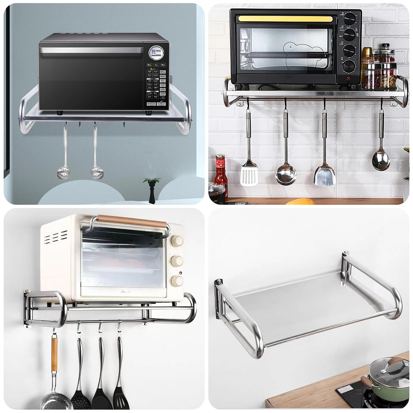TWSOUL Mensola per microonde, montaggio a parete, con 4 ganci, in acciaio inox, per forno, microonde, spezie, stoviglie da cucina