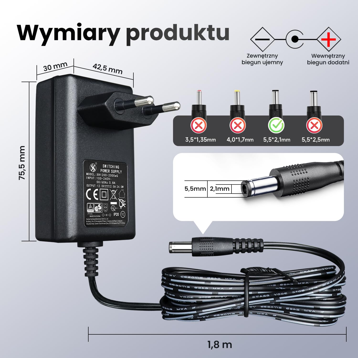 Zasilacz 12 V, 2 A, 1,8 m, adapter przełącznika AC DC (wejście 100-240 V, wyjście 12 V 2A), gniazdo transformatora do montażu na ścianie z 8 wymiennymi gniazdami, certyfikat CE