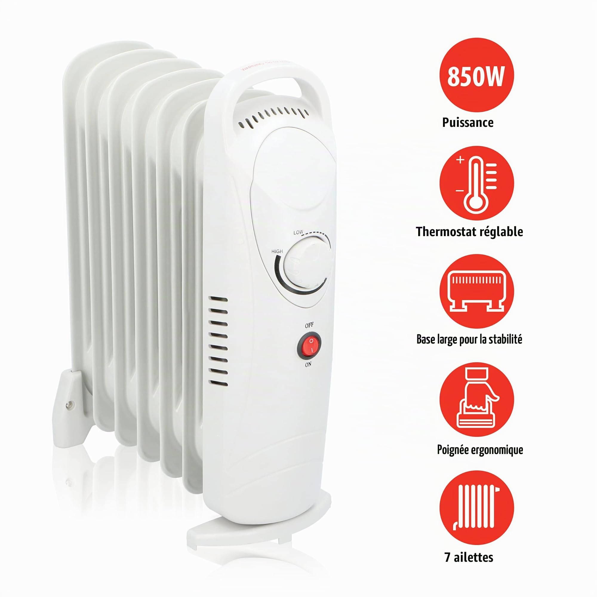 alpina Radiateur Bain d'huile – Chauffage Huile Électrique 850W avec Thermostat Réglable – Protection Contre la Surchauffe – Radiateur Compact avec Poignée et Large Base – 7 Ailette