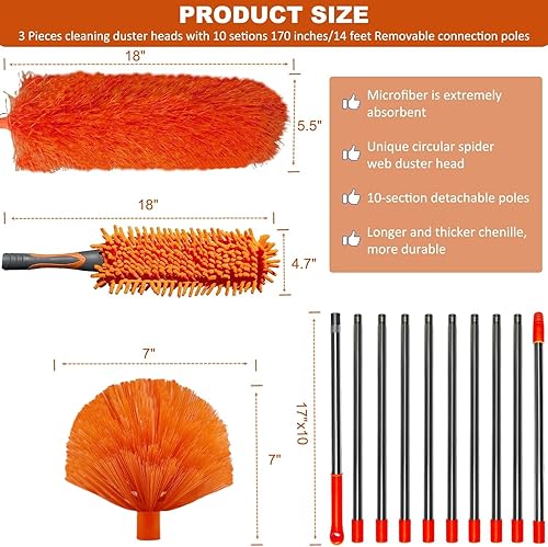 Miniatura 2 de Kit de polvo de alto alcance de más de 20 pies con poste de extensión de instalación libre de 3-14 pies, plumero de techo alto, plumero de