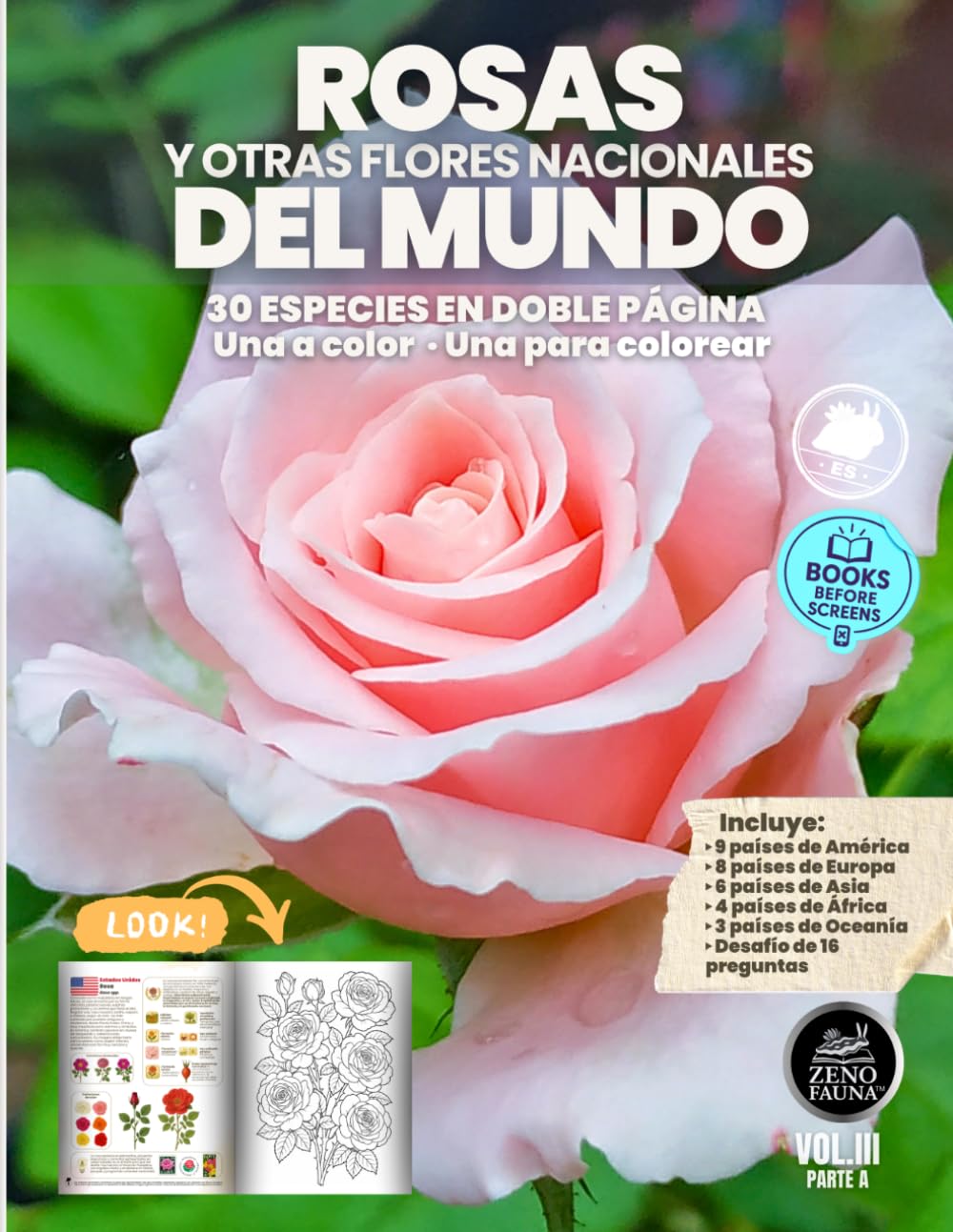 Rosas y Otras Flores Nacionales del Mundo: 30 Flores Nacionales en Doble Página — Una a Color, Una para Colorear