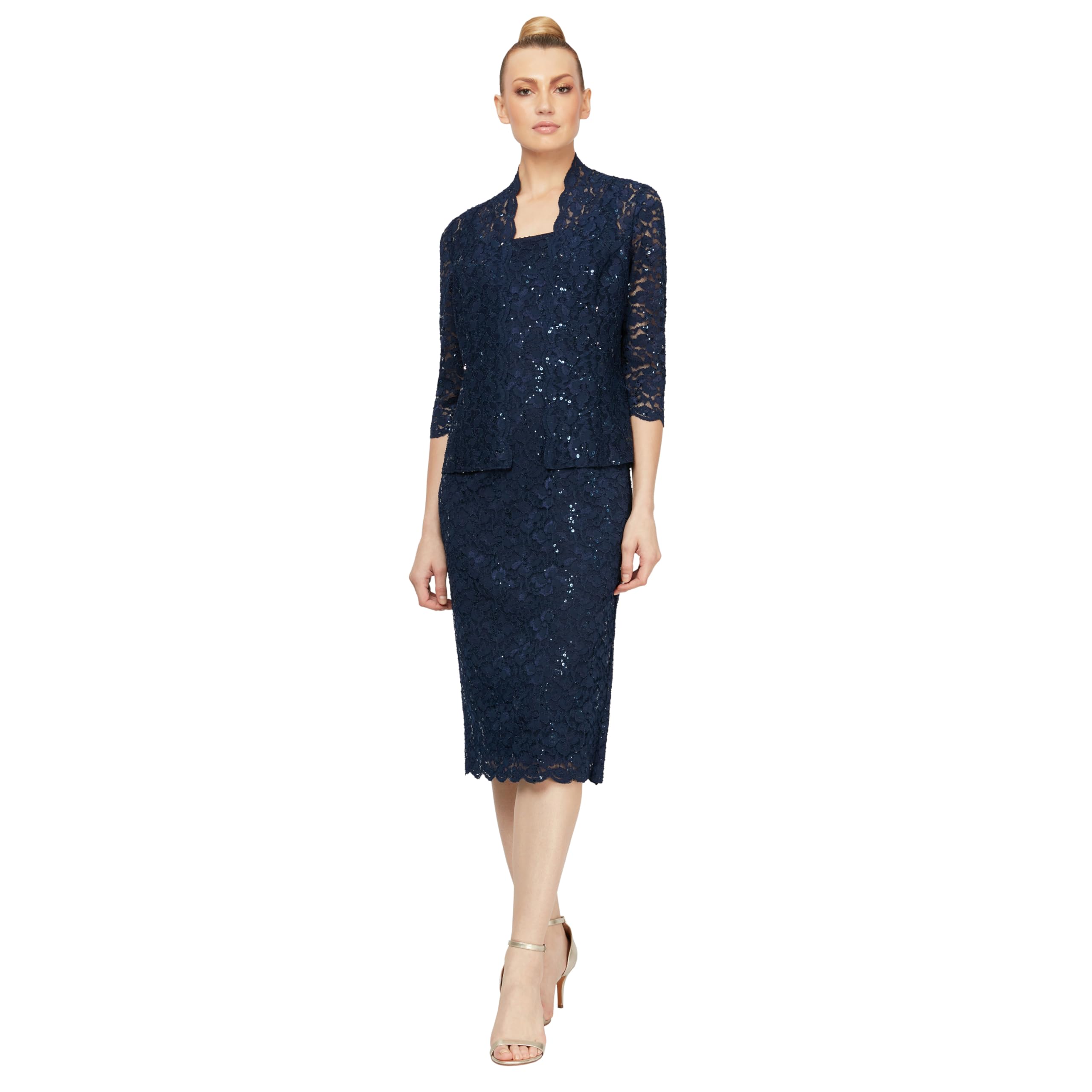 S.L. Fashions Women's Tea Length Sequin Lace Special Occasion Dress with Illusion Sleeve Jacket (Petite and Regular Sizes), Navy, 10