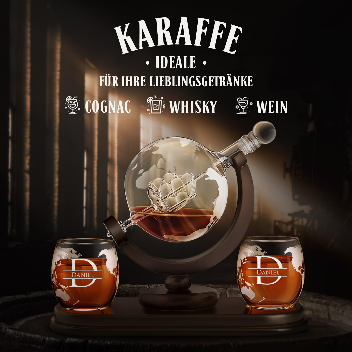 Maverton Whisky Karaffe mit Gravur - Globus mit Schiff, 850 ml - 2er Whiskygläser Set - Whisky Decanter - Weihnachtsgeschenke - Geschenk zum Geburtstag für Männer- personalisiert - Projekt