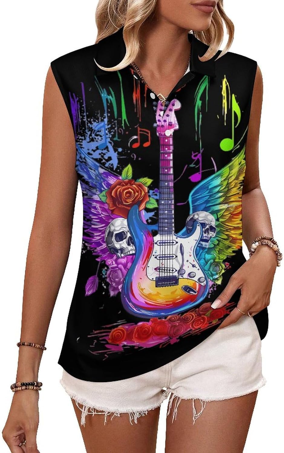 Electric Guitar with Wings Skull Roses Women's Sleeveless Polo Tank Top Print T-Shirt Tops Casual Tops Summer Workout