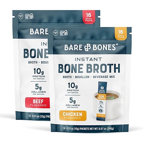 Mezcla instantánea Bare Bones de caldo de huesos, de huesos, de pollo y res, 10gr de proteína, apto para dieta Keto y Paleo, sobres en barras de