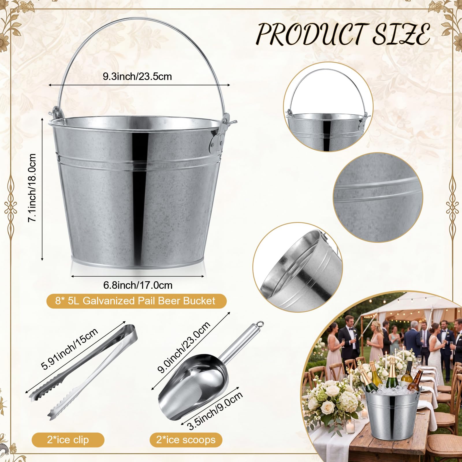 Zopeal 12-teiliges verzinktes Bierkübel-Set, enthält 8 Metall-Eiskübel mit 2 Schaufeln und 2 Zangen, runde silberfarbene Eimer, Großpackung für Hochzeiten, Geburtstage, Strand, Pool