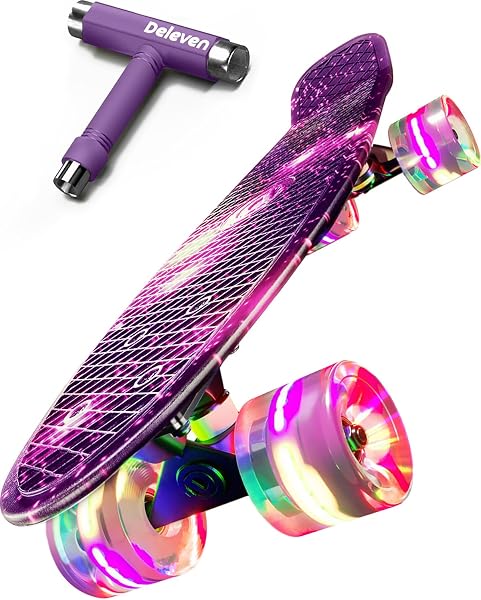 Deleven Skateboard 56cm avec Roues LED, Outil de Skate et Roulements ABEC 7 - pour Enfants Débutants Filles Garçons Adolescents Adultes - 1