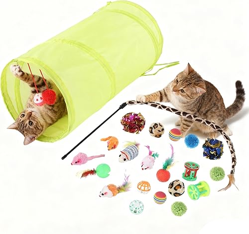 YDYJKI Juguetes interactivos para gatos de interior  Túnel plegable para gatos, varita retráctil con accesorios de plumas, repuesto duradero para