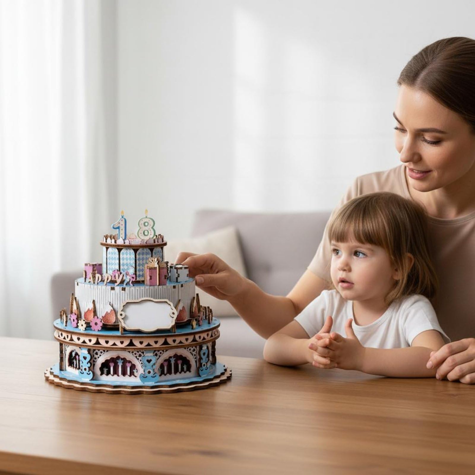 predolo Musikspieluhr Kinderpuzzle Holzkuchen 3D Bausatz Geburtstag Drehendes Puzzle Modell Kreatives Zusammenbau Spielzeug mit Sammelcharakter für Kindergeburtstag Kinderzimmer Geschenk, Pink