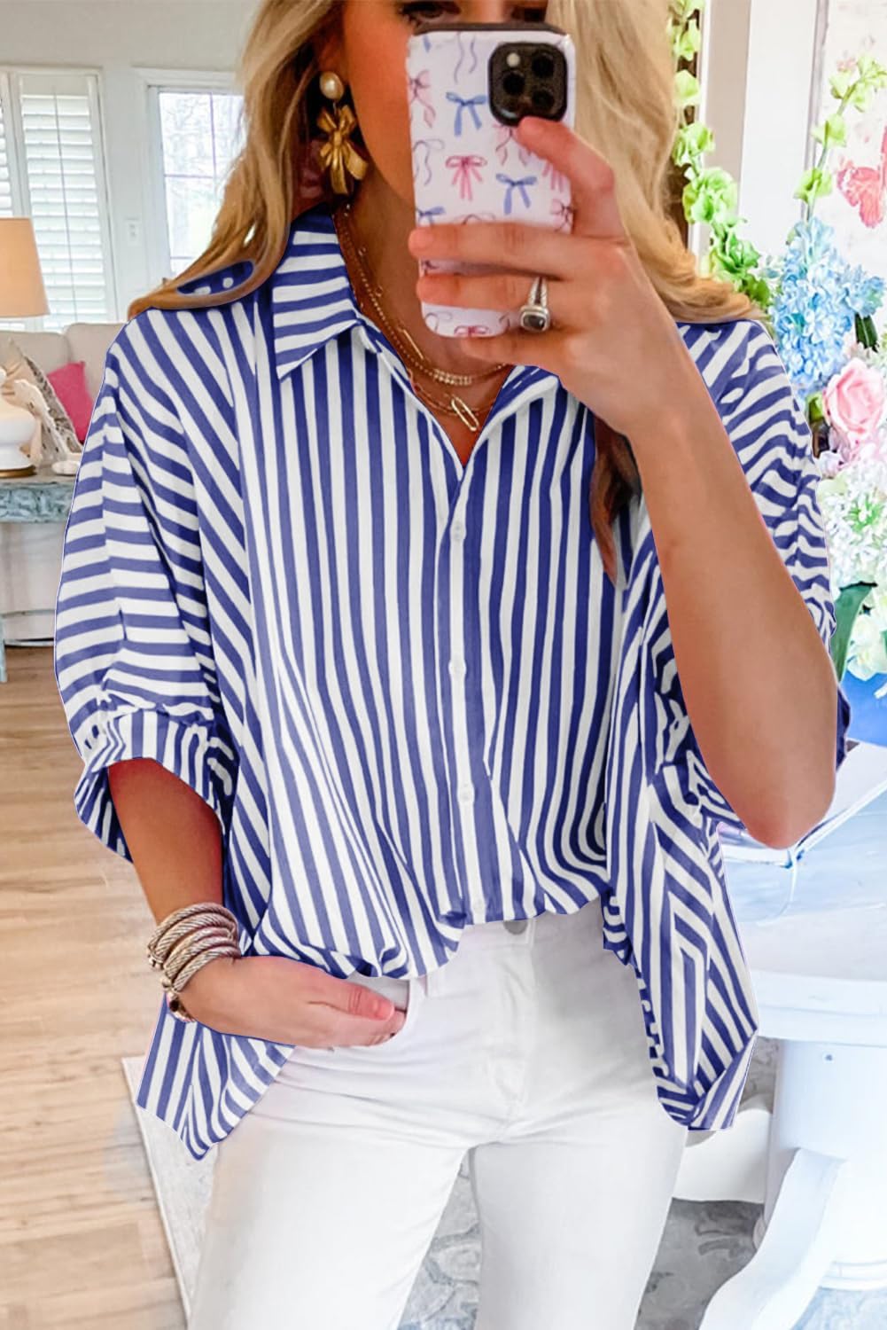 Women 2025 Summer Stripe Dolman Sleeve V Neck Oversize Shirt Tops Casual Button Up Short Sleeve Striped Blouse - Image 2