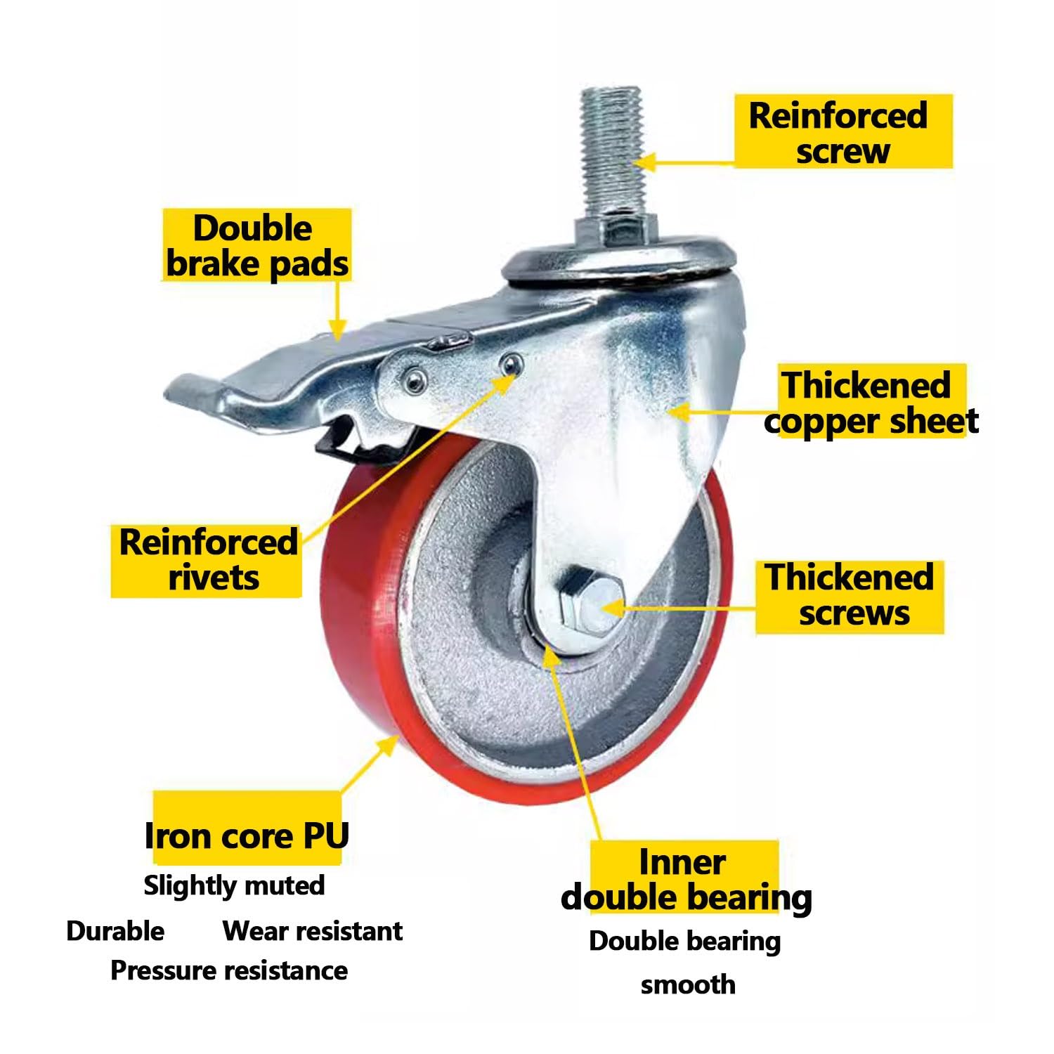 Ruote Girevoli con Perno Filettato M14 M16 M20, 75/100/125mm Pesanti PU Filettato Rotelle, AntiGraffio Ruota Industriali con Freno Set di 4(3inch,M16*30)