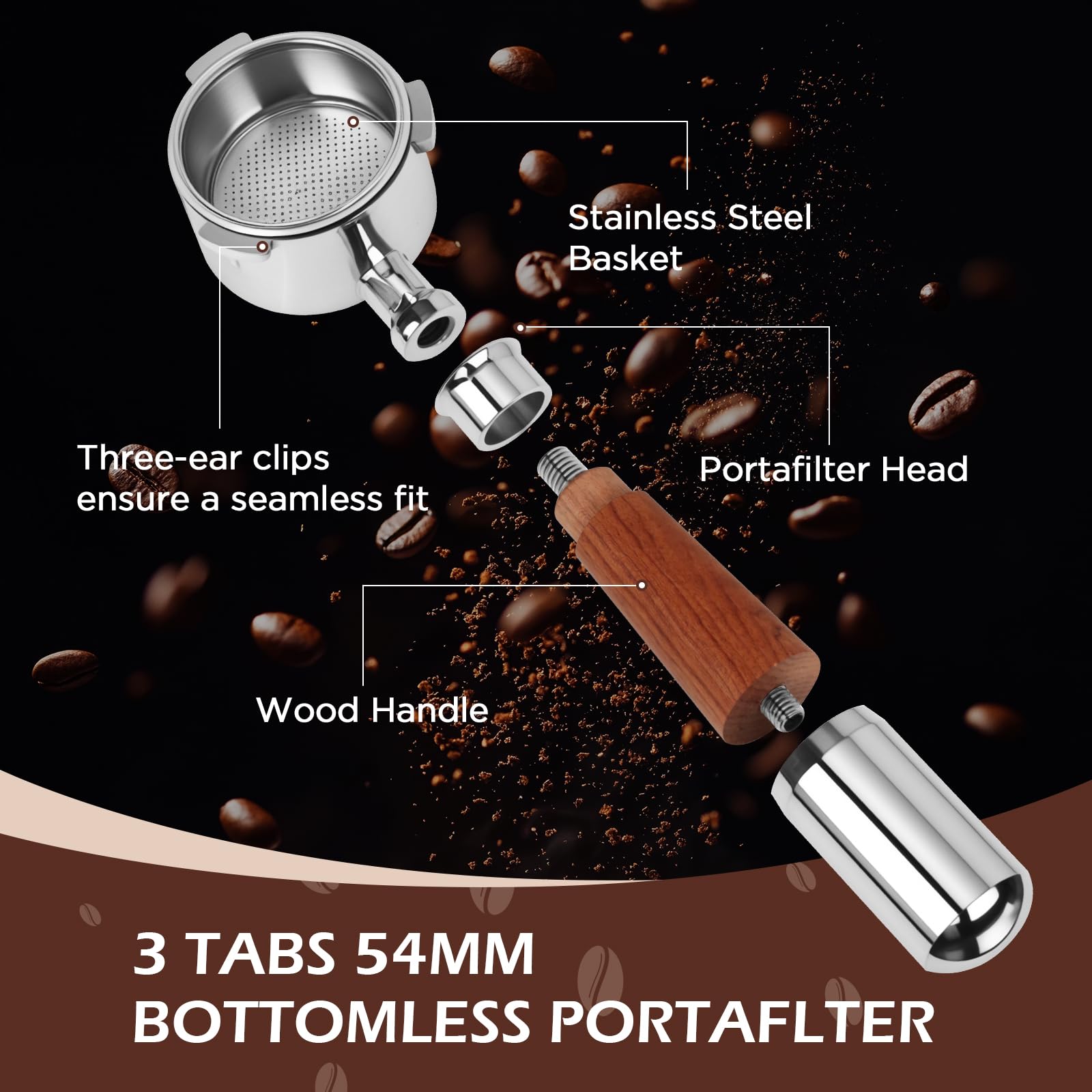 Cozary Portafiltro 51 mm 3 Orecchie, 304 Acciaio Inox, Manico in Legno, per DeLonghi EC680/EC685/EC885/EC890, per l'uso in Case, Caffetterie e Ristoranti in Stile Occidentale