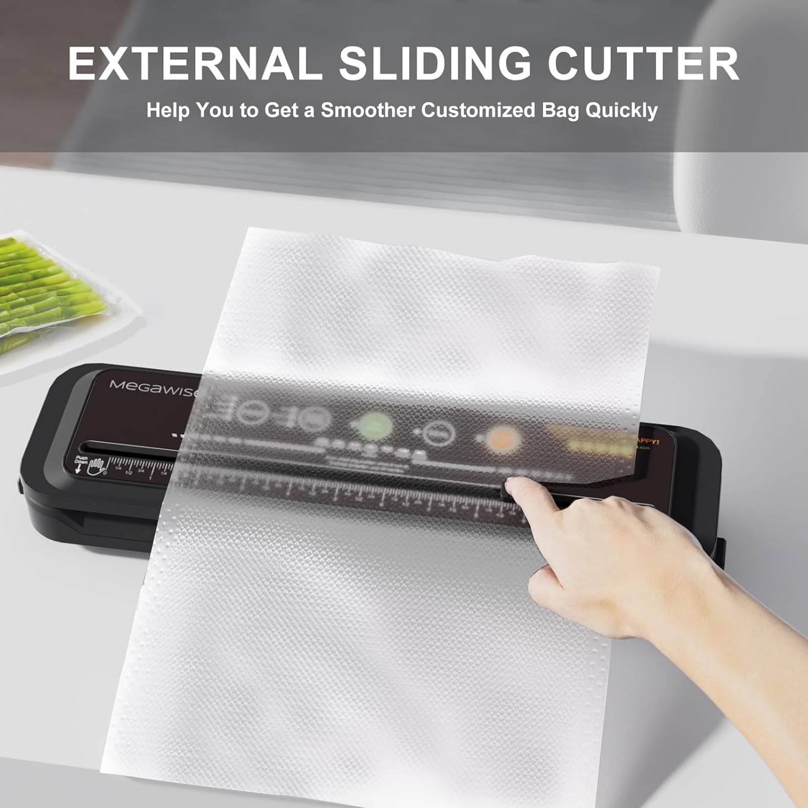 Sigillatrice sottovuoto MegaWise – Modello 2025, aspirazione 80 kPa, sigillatura One-Touch, taglierina integrata, design compatto, sacchetti inclusi (nero)