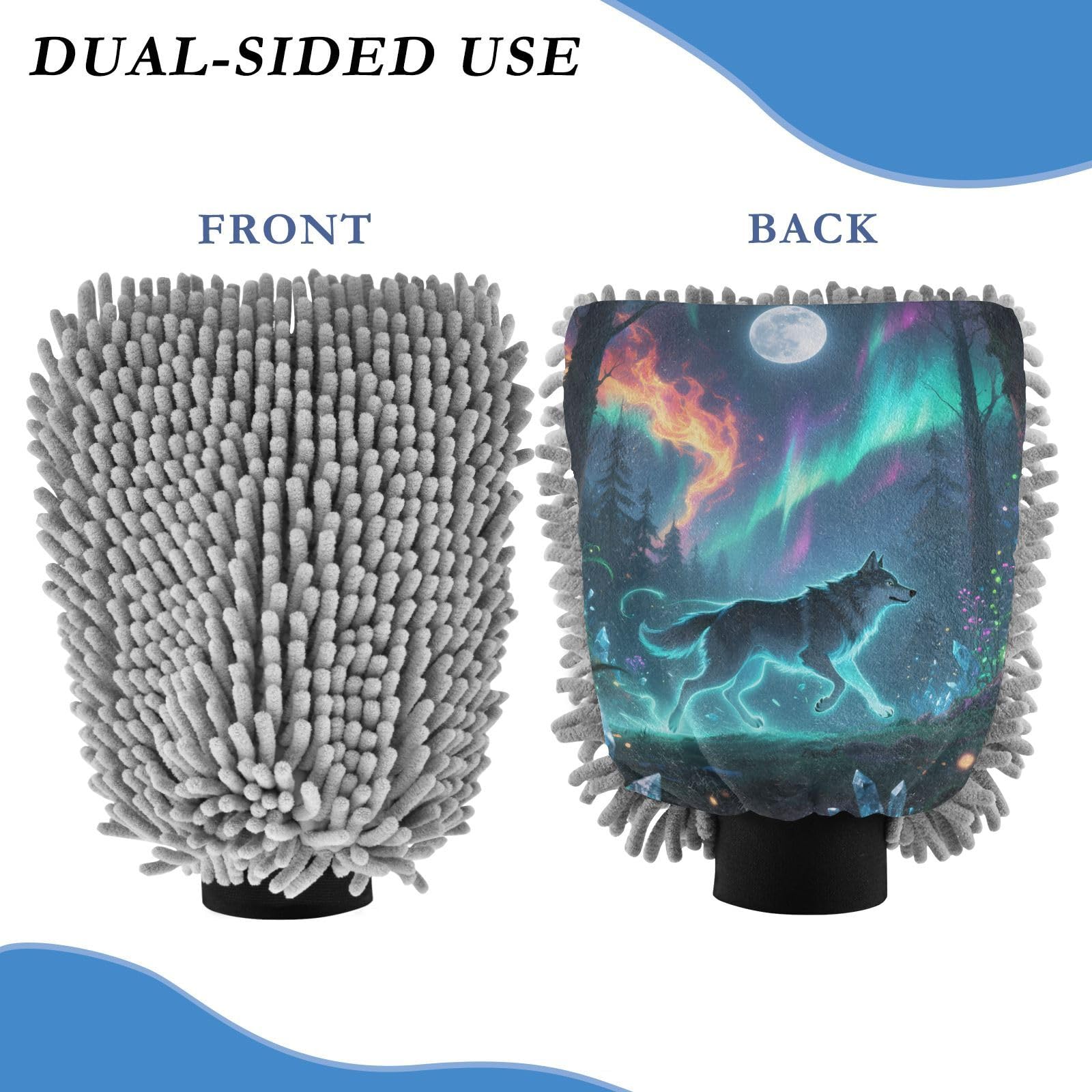 ALAZA Aurora Polar Lights Wolf Car Wash Mitt Scratch Free, 2 Pack Absorbent Microfiber/Chenille Washing & Drying Mitts, L
