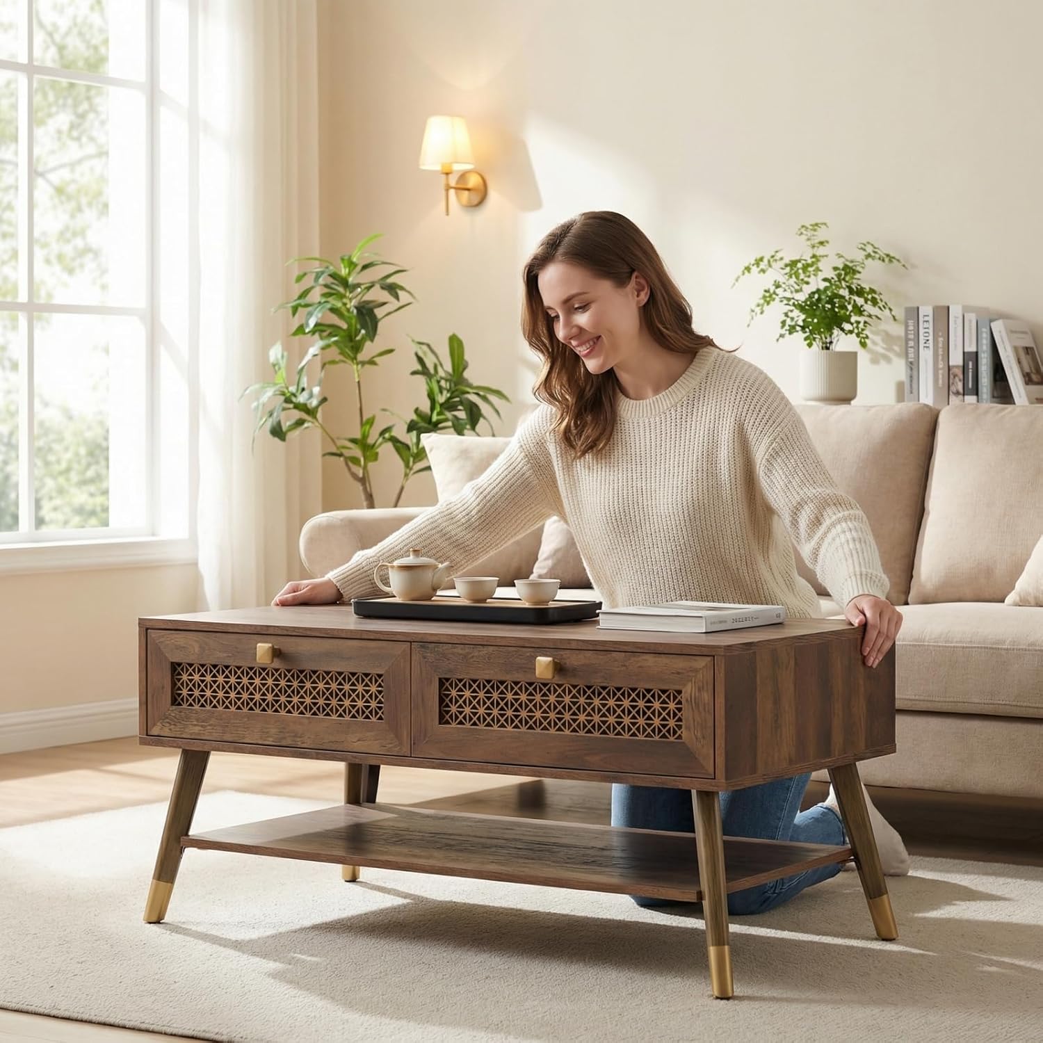 Wooden Mid Century Modern Coffee Table, Retangle Coffee Table with Two Drawers for Living Room, Rustic Oak