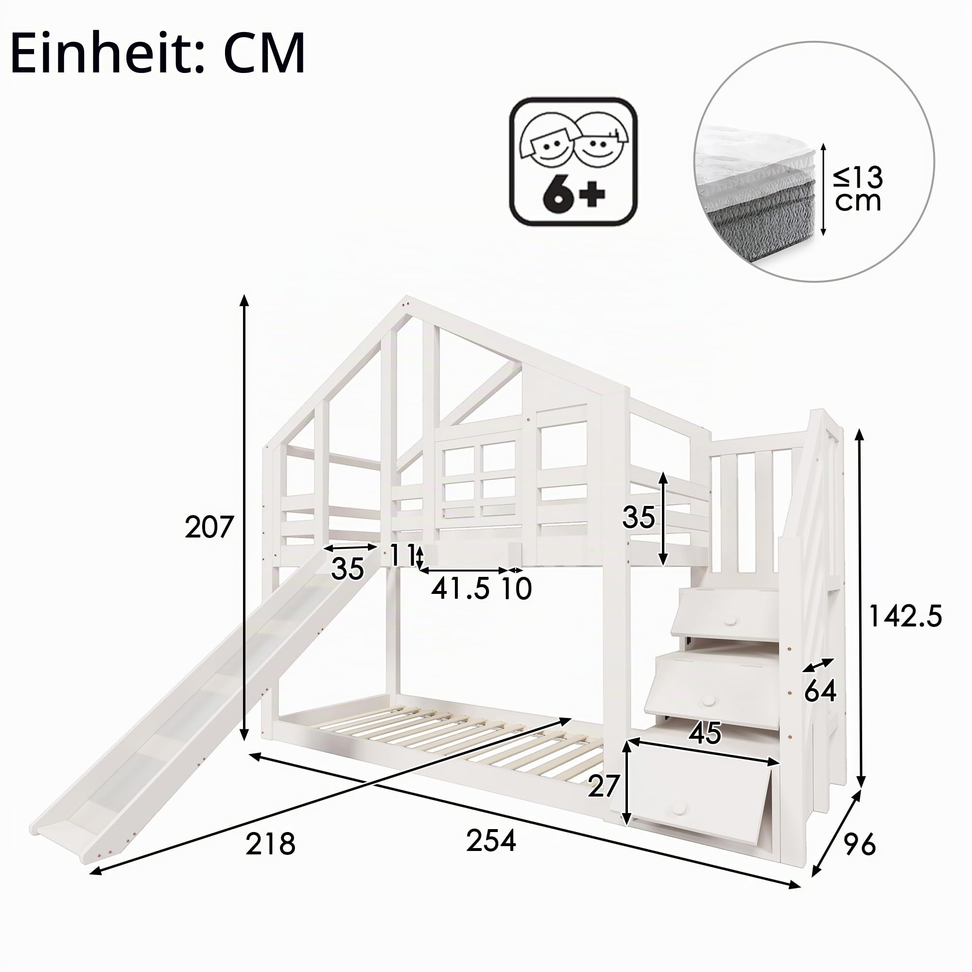 Su & Chan Legence Kinderbett 90 x 200cm mit Stauraum Treppe, Hochbett mit Rutsche und Rausfallschutz, Etagenbett Baumhaus mit Holz Lattenrost, Ohne Matratze, Weiß