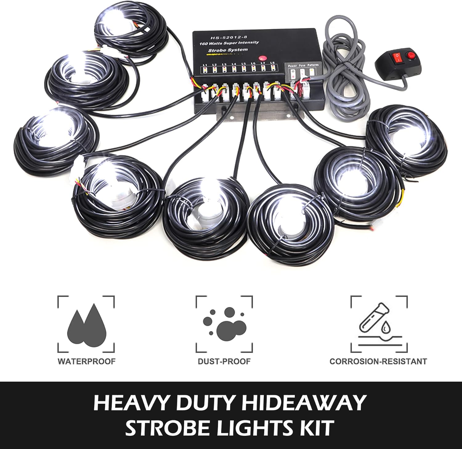 Hideaway Strobe Lights Kit 8 HID Bulbs 13 Flashing Mode Memory Recall Function, 16 Feet Power Cord with Controller, Emergency Strobe Lights for Trucks Vehicles, White