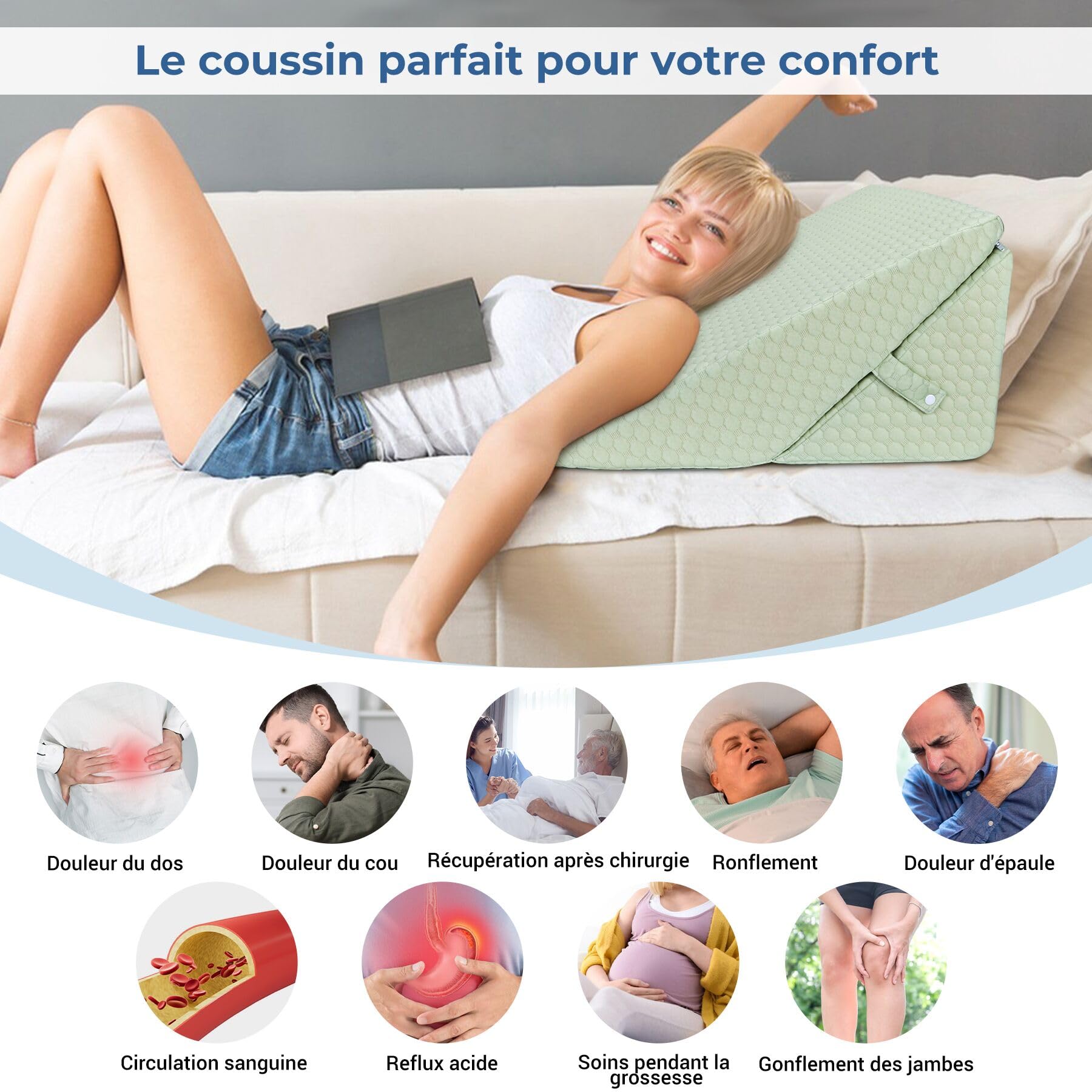 INFANZIA Cojín reclinado para cama, cojín de esquina, almohada de triángulo plegable en memoria de forma para apnea del sueño, reflujo ácido, elevación de las piernas, leer, verde