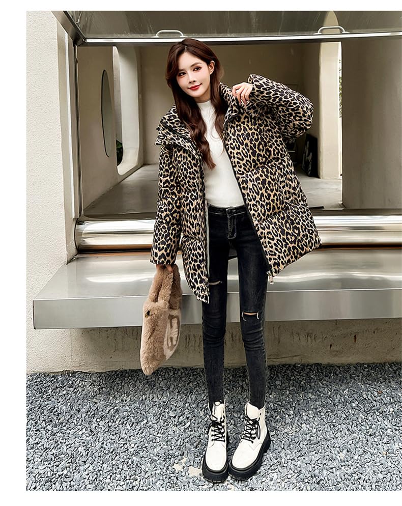 utcoco Womens 2024 Fashion Leopard Belted Padded Puffer Coat Winter Warm Quilted Jackets Parka with Removable Hood3