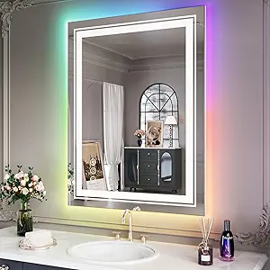 LED Mirror for Bathroom, 28"X36" with 8 RGB Backlit +3 Front Lit (Adjustable Individually), Anti-Fog, Lighted Bathroom Vanity Mirror for Wall, Shatterproof, Memory Function, Tempered Glass