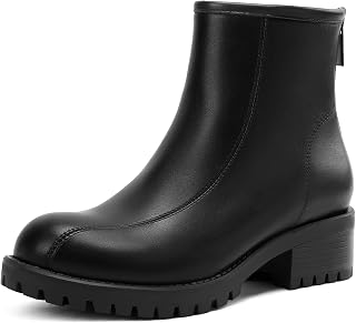 DOBOLIN Women's Wide Width Chelsea Combat Ankle Boots Chunky Low Heel | Fall Dress Short Booties Shoes with Round Toe, Back Zipper, Slip-On, Block Heel for Casual Outing, Office Work