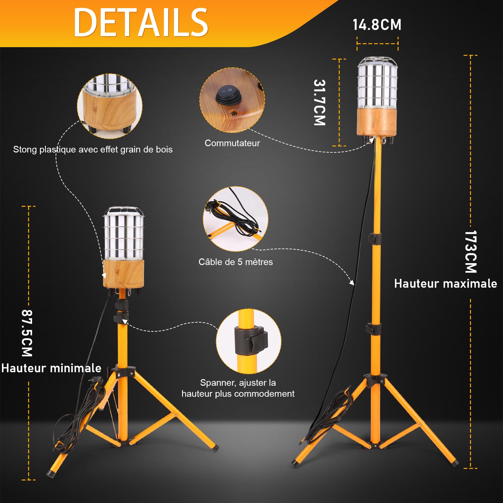 100w Projecteur de Chantier sur Trépied,12000 lumens, Lumière à 360 degrés.Utile pour l'entrepreneur et la famille. Également utilisé pour un événement extérieur/Party