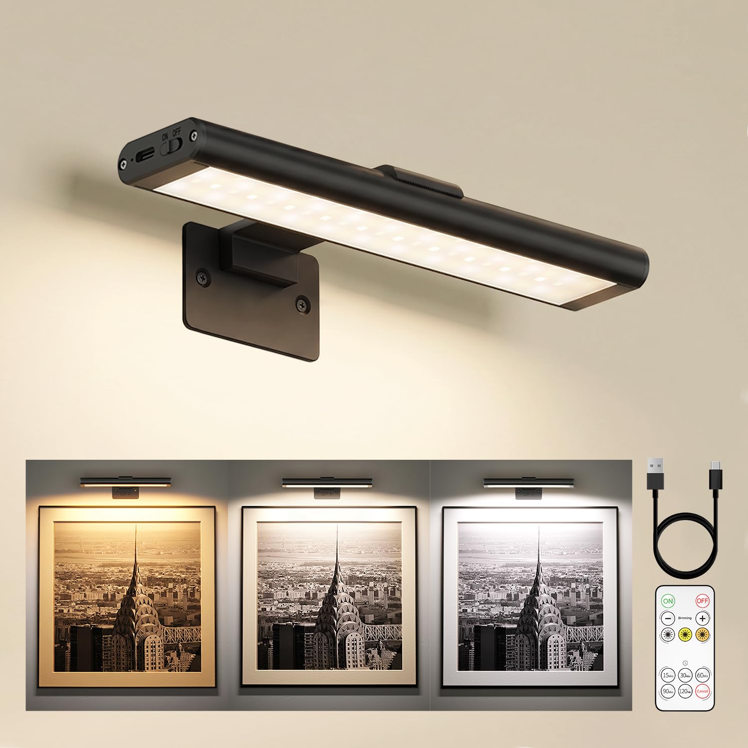 EZVALO Picture Light for Wall, Rechargeable 2400mAh Battery Lights with Wireless Remote, Dimmable Magnetic LED Art Painting Light with 3 Color Temperatures (Pack of 1, Black)