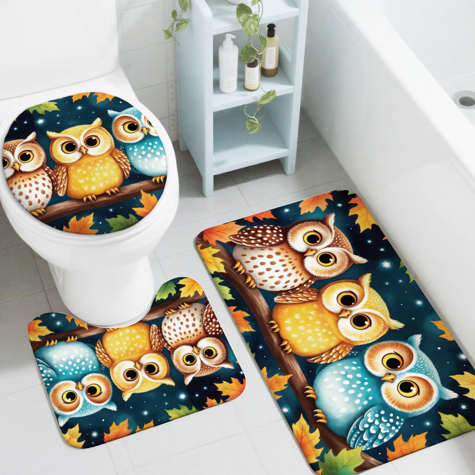 peacoblue 3-teiliges Badvorleger Set,Eule für Badezimmer Zuhause